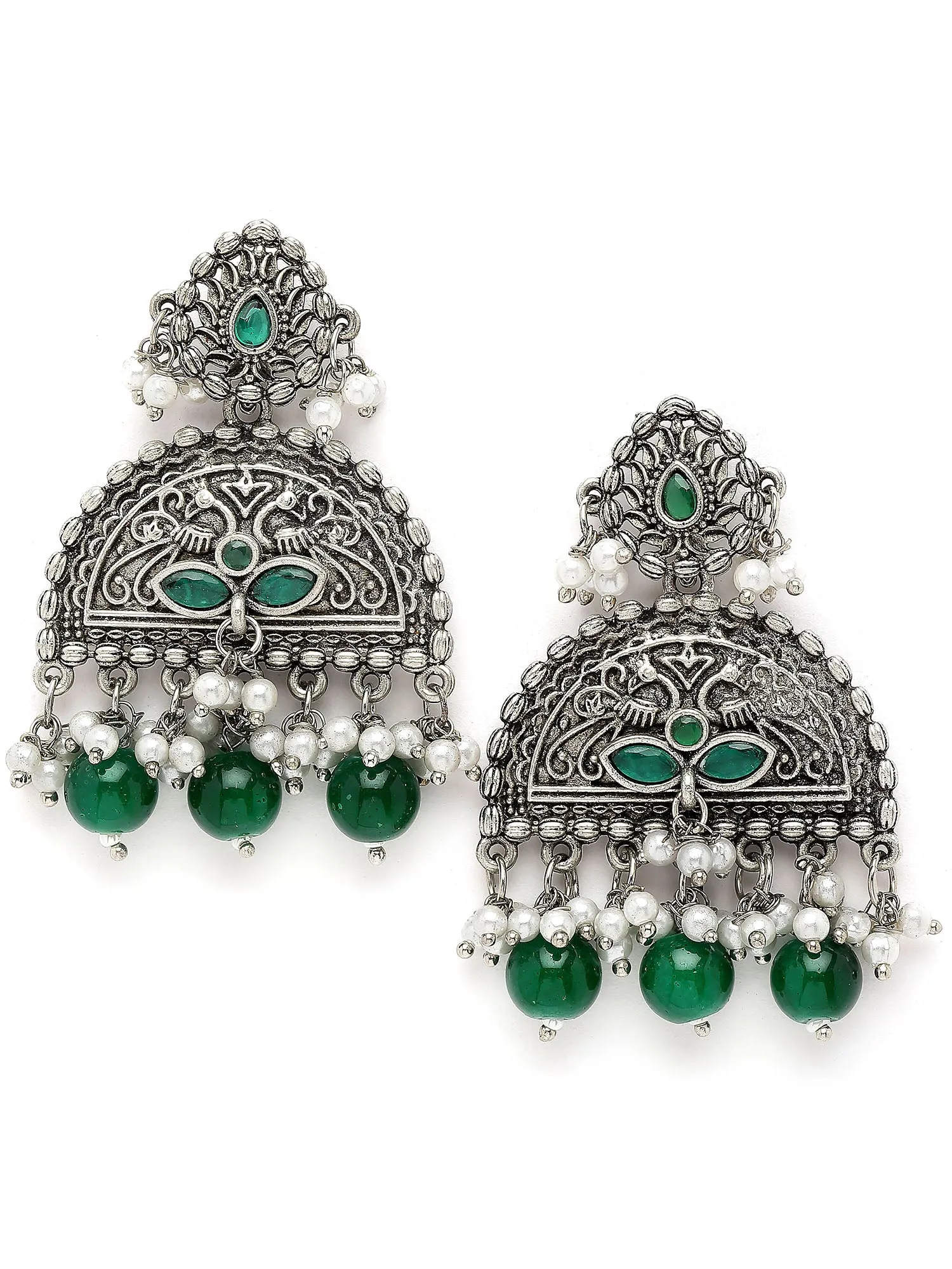 Karatcart Oxidised Silver Green Beads Peacock Design Dangler Earrings for Women