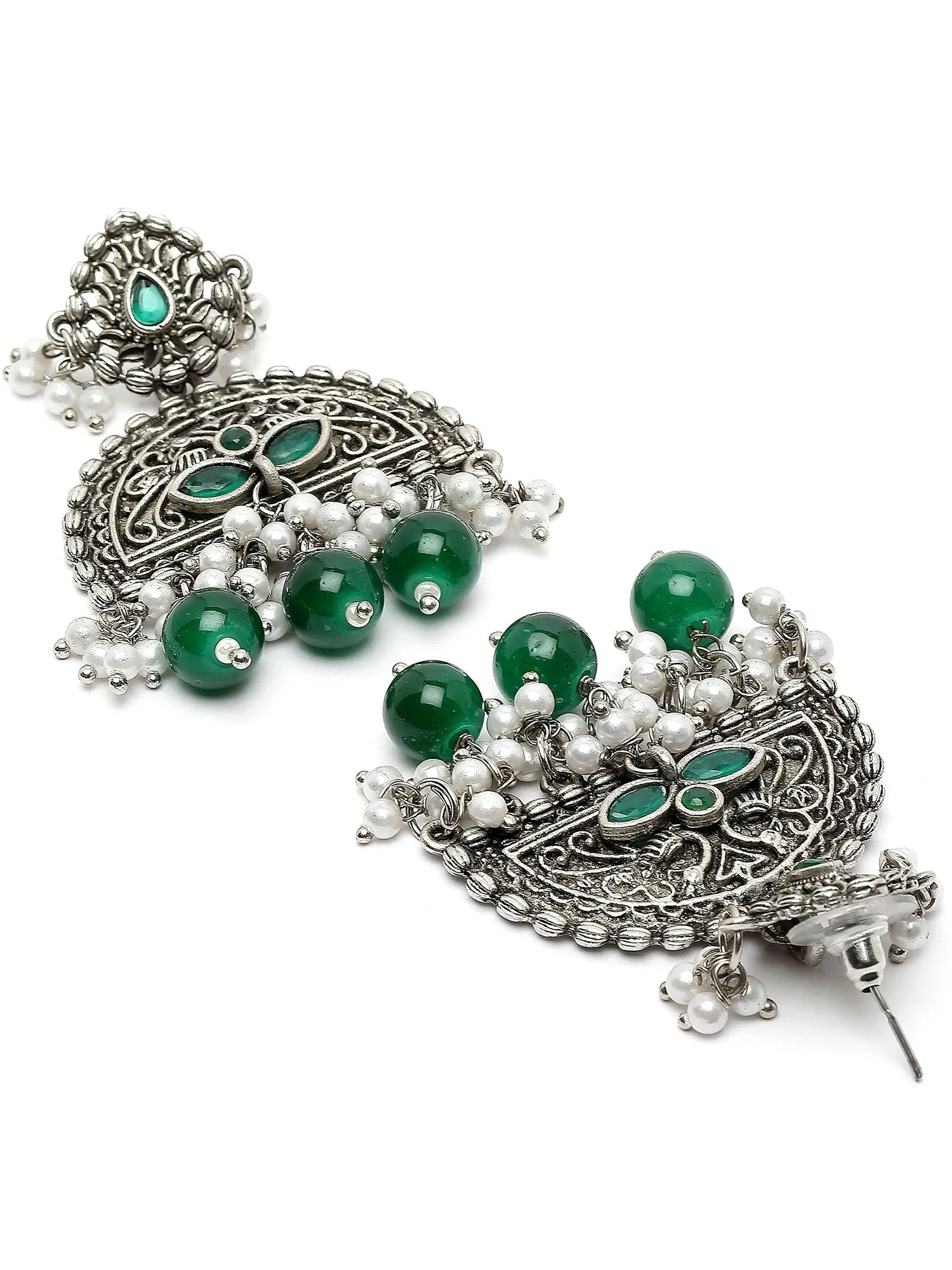 Karatcart Oxidised Silver Green Beads Peacock Design Dangler Earrings for Women