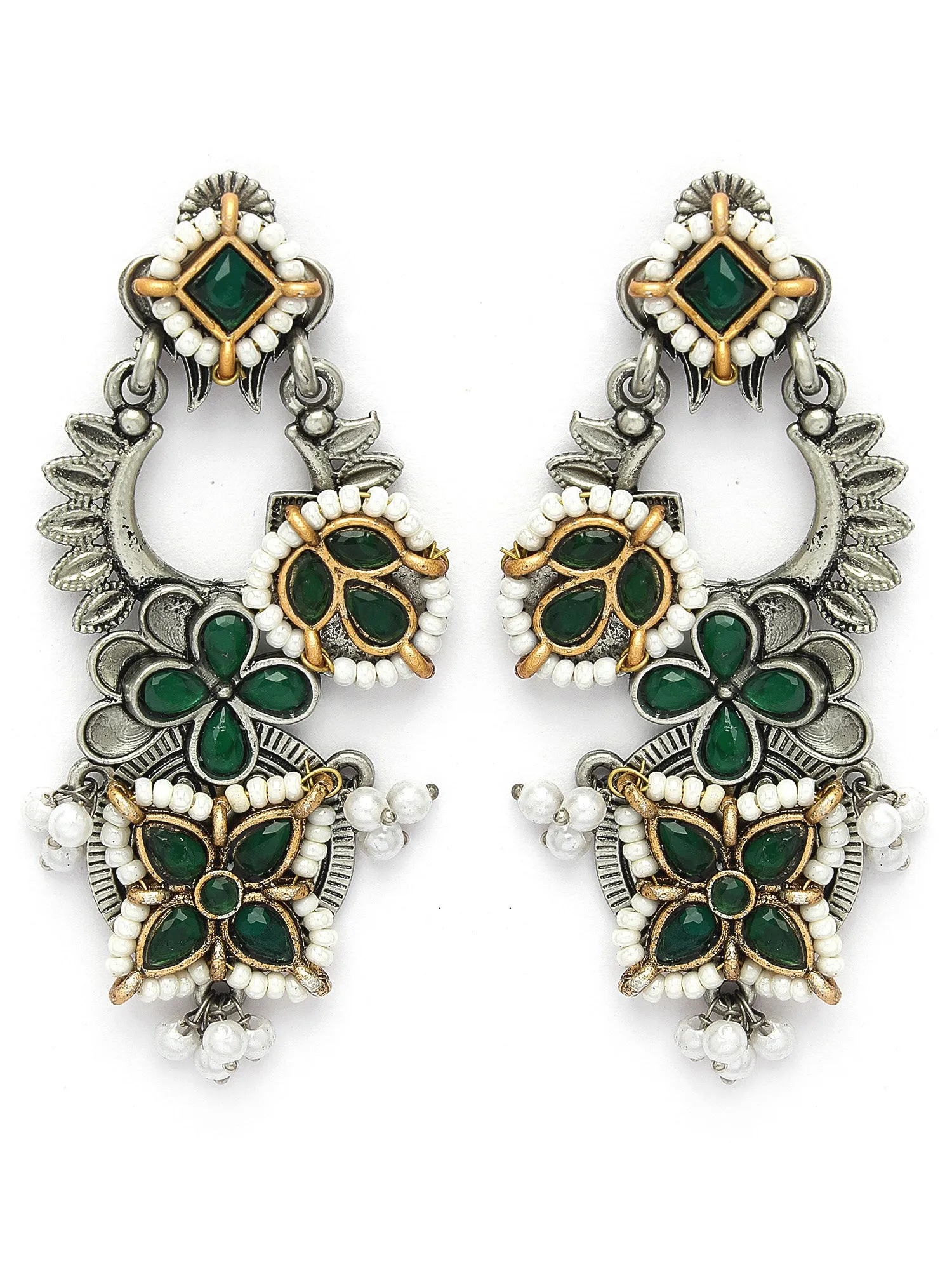 Karatcart Oxidised Silver Green Kundan Drop Earrings for Women