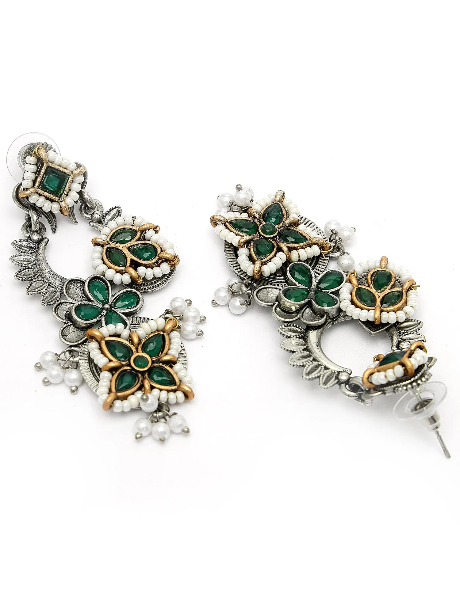 Karatcart Oxidised Silver Green Kundan Drop Earrings for Women