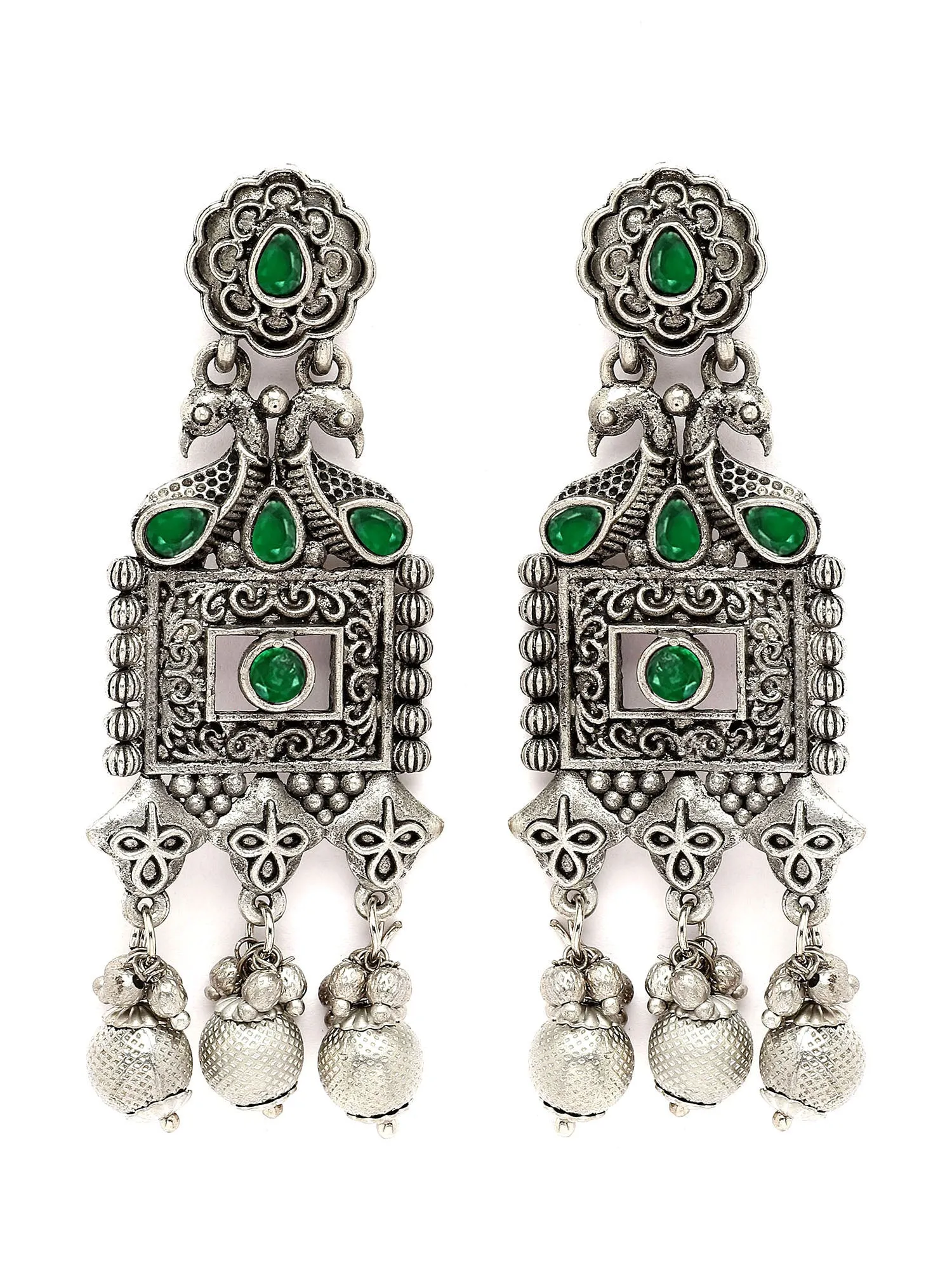 Karatcart Oxidised Silver Green Kundan Studded Drop Earrings for Women