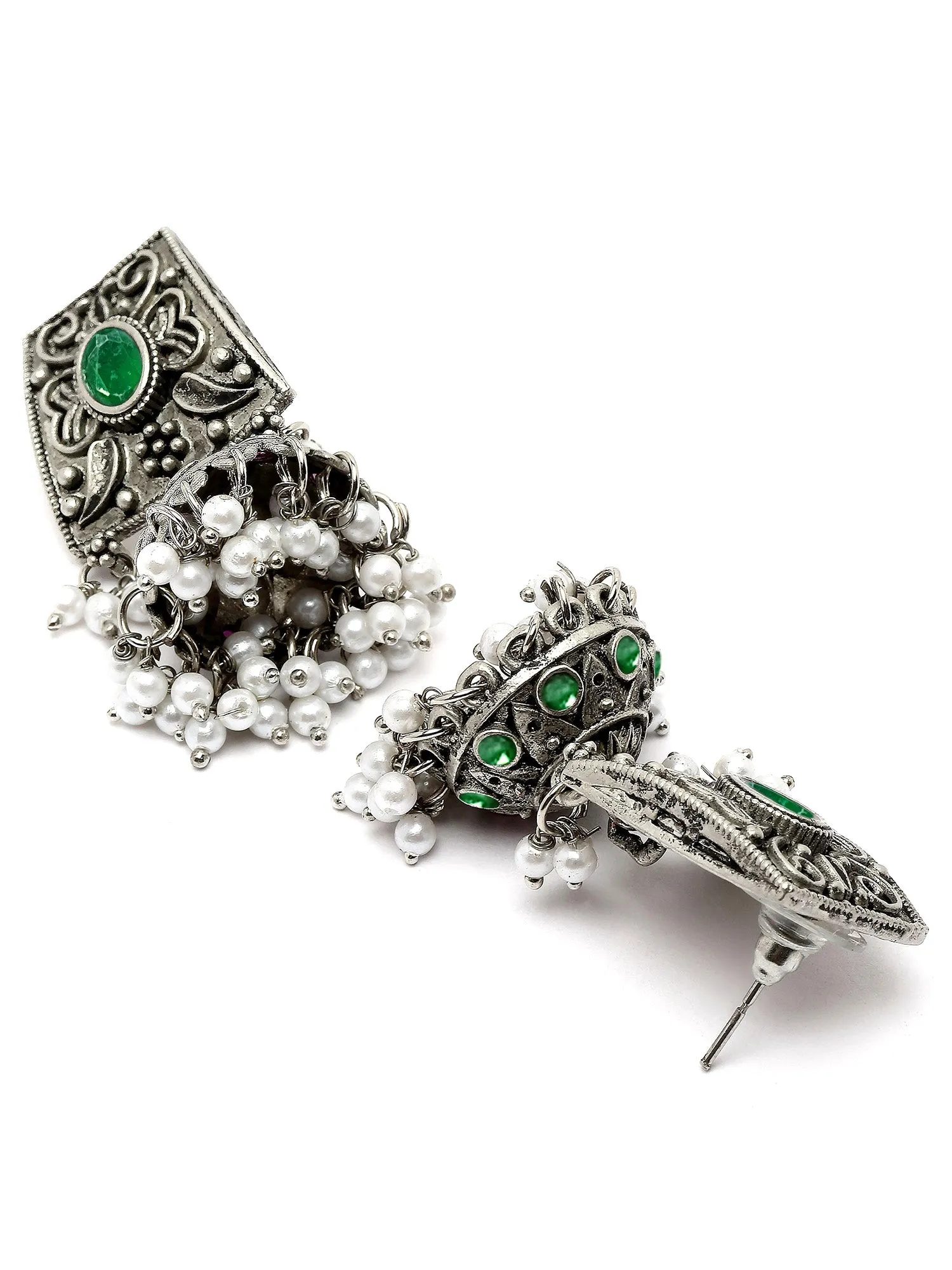 Karatcart Oxidised Silver Green Kundan Studded Jhumki Earrings for Women