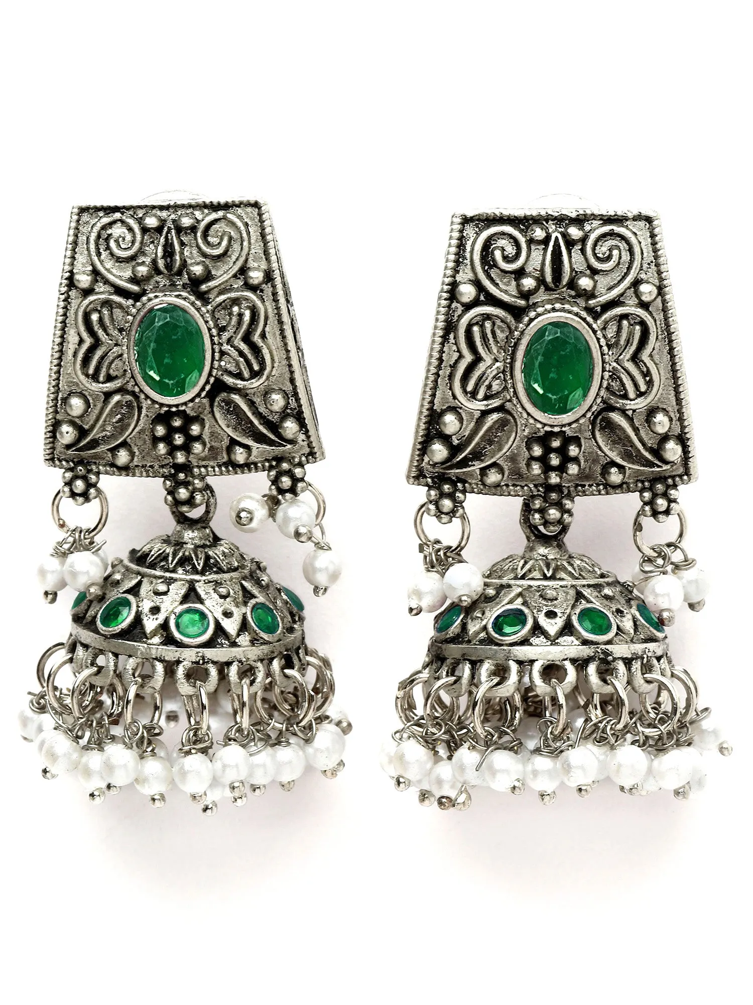 Karatcart Oxidised Silver Green Kundan Studded Jhumki Earrings for Women