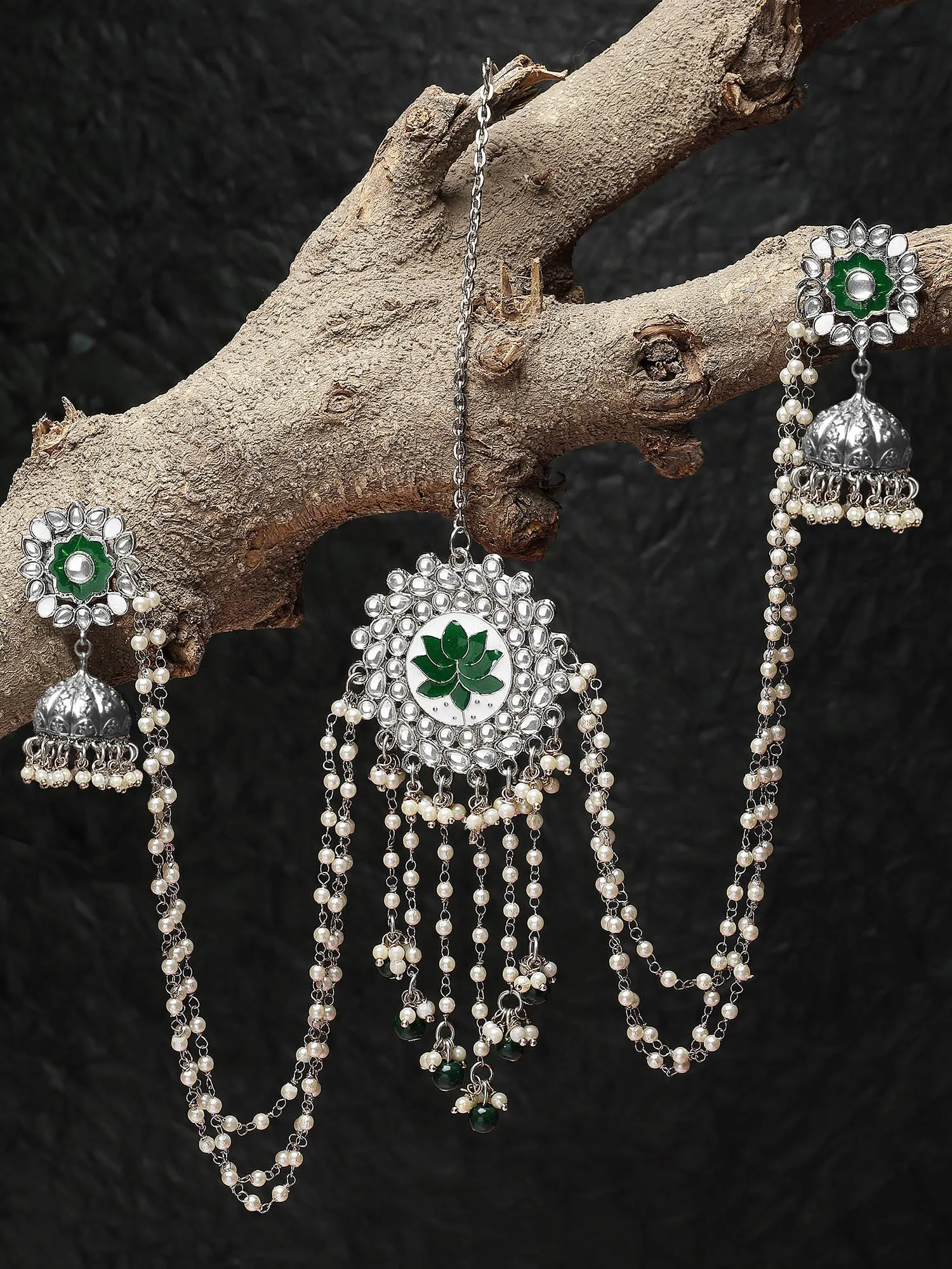 Karatcart Oxidised Silver Green Meena Kundan Jhumki Earrings with Juda Pin for Women