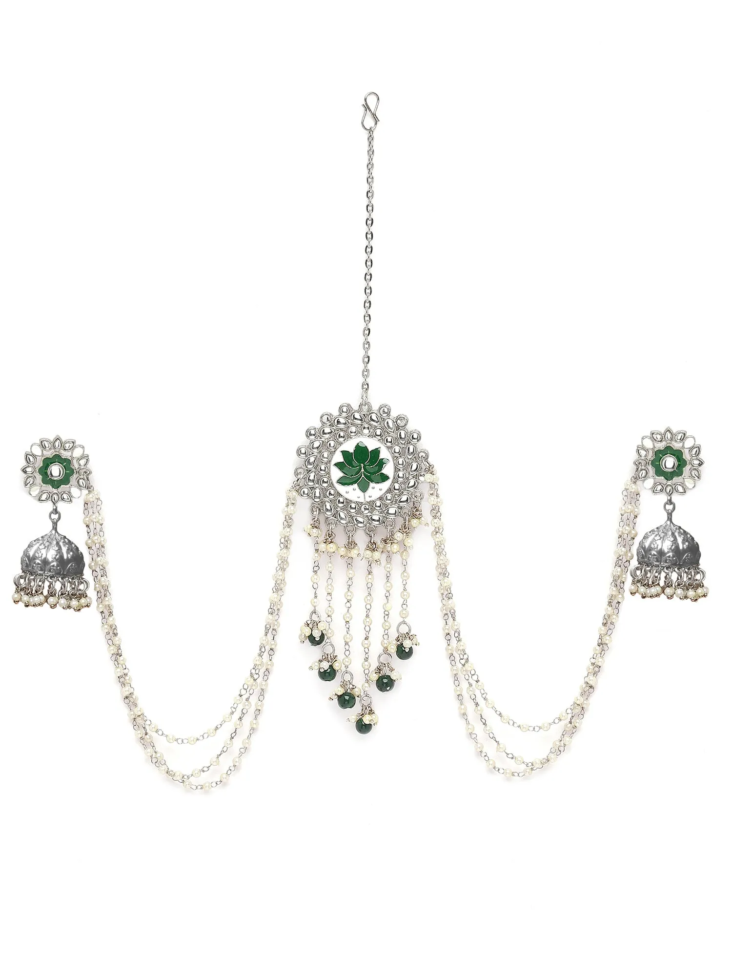 Karatcart Oxidised Silver Green Meena Kundan Jhumki Earrings with Juda Pin for Women