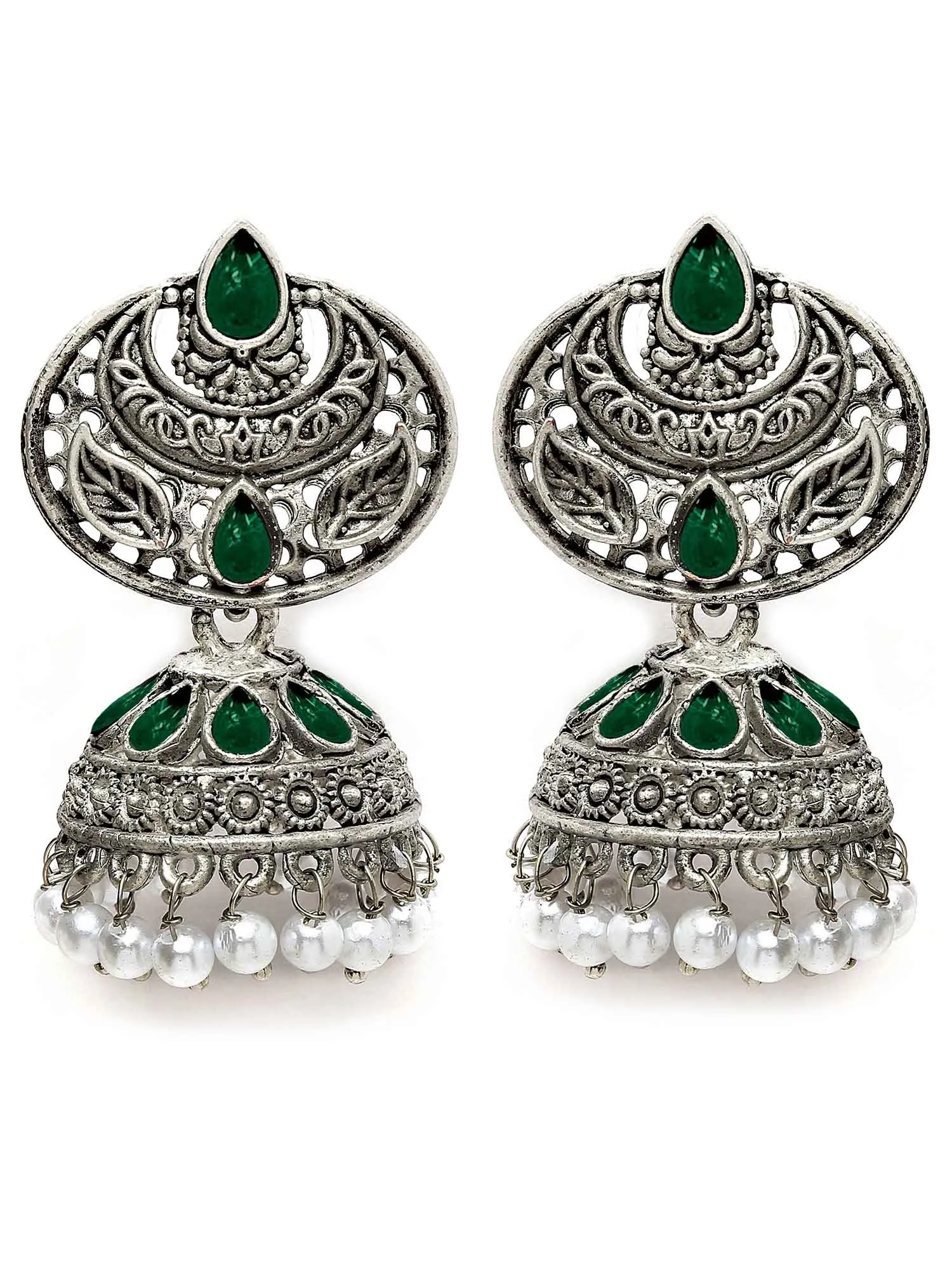 Karatcart Oxidised Silver Green Stone and Pearl Jhumka Earrings for Women