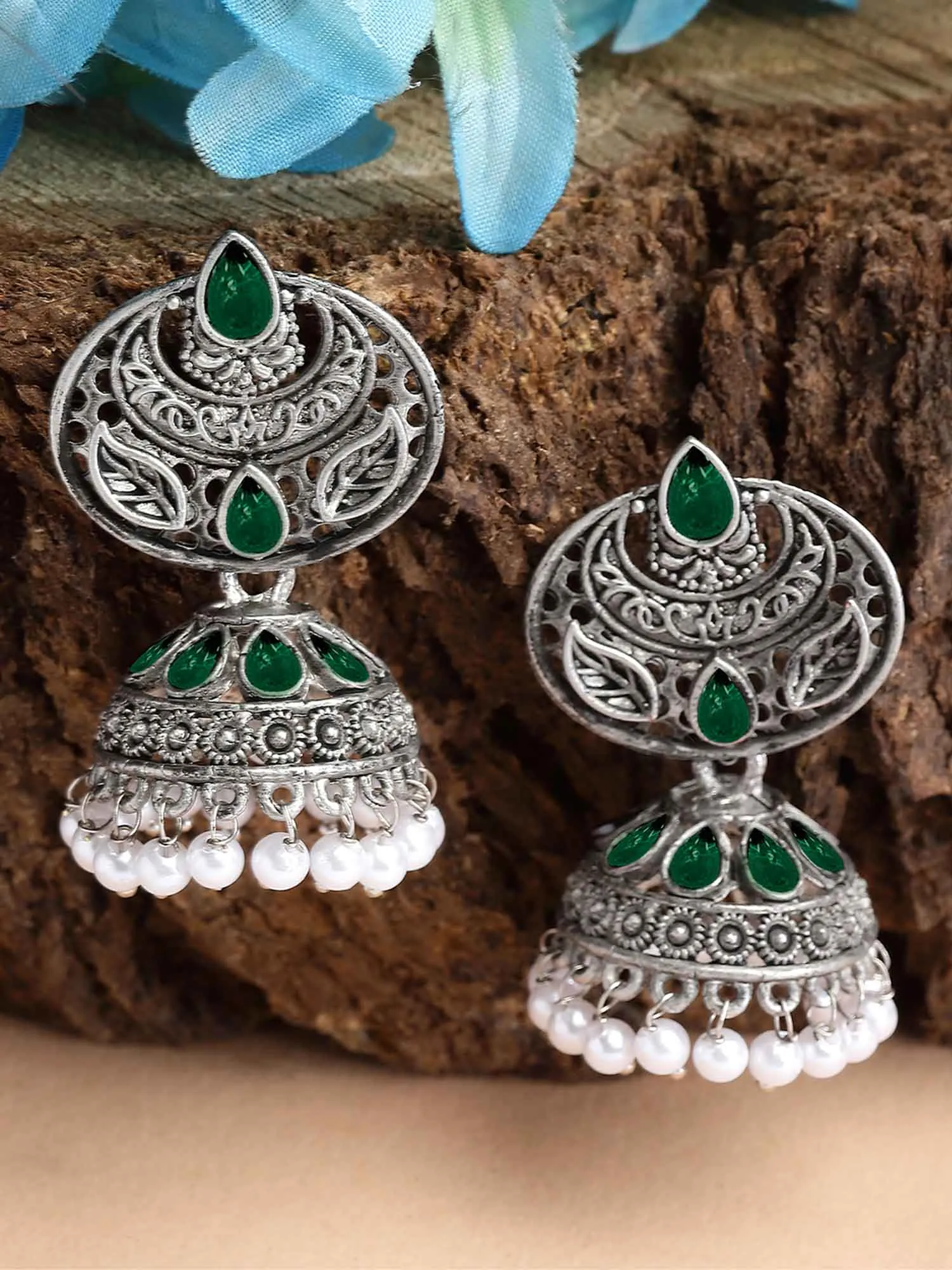 Karatcart Oxidised Silver Green Stone and Pearl Jhumka Earrings for Women