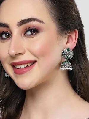Karatcart Oxidised Silver Green Stone and Pearl Jhumka Earrings for Women