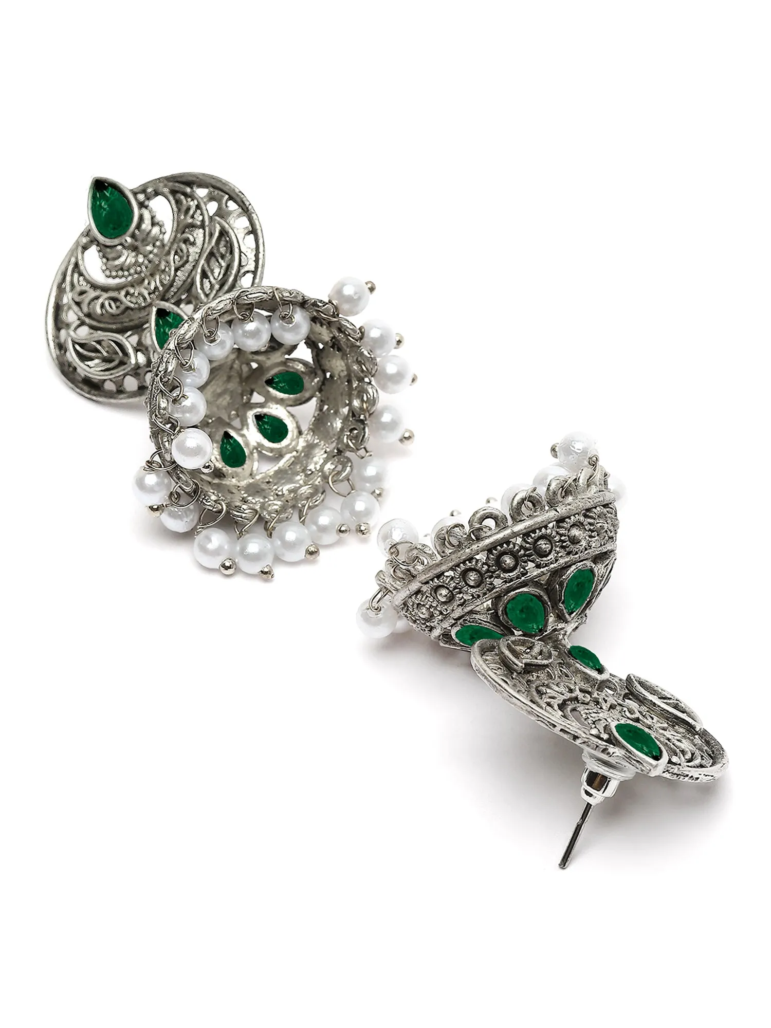 Karatcart Oxidised Silver Green Stone and Pearl Jhumka Earrings for Women