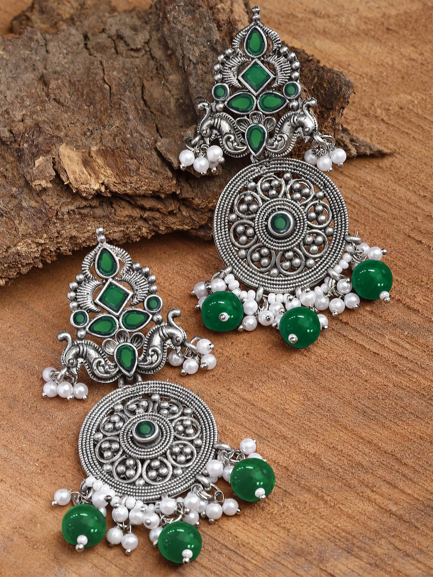 Karatcart Oxidised Silver Green Stone Chakra Design Dangler Earrings for Women
