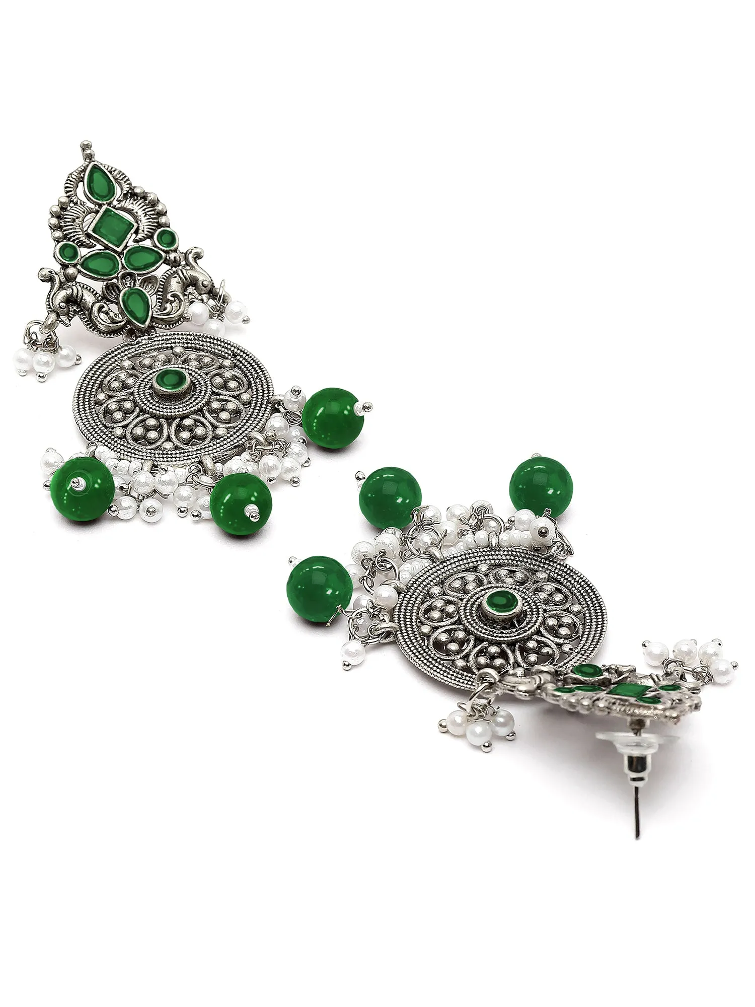 Karatcart Oxidised Silver Green Stone Chakra Design Dangler Earrings for Women