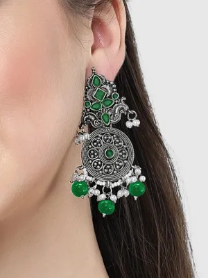 Karatcart Oxidised Silver Green Stone Chakra Design Dangler Earrings for Women