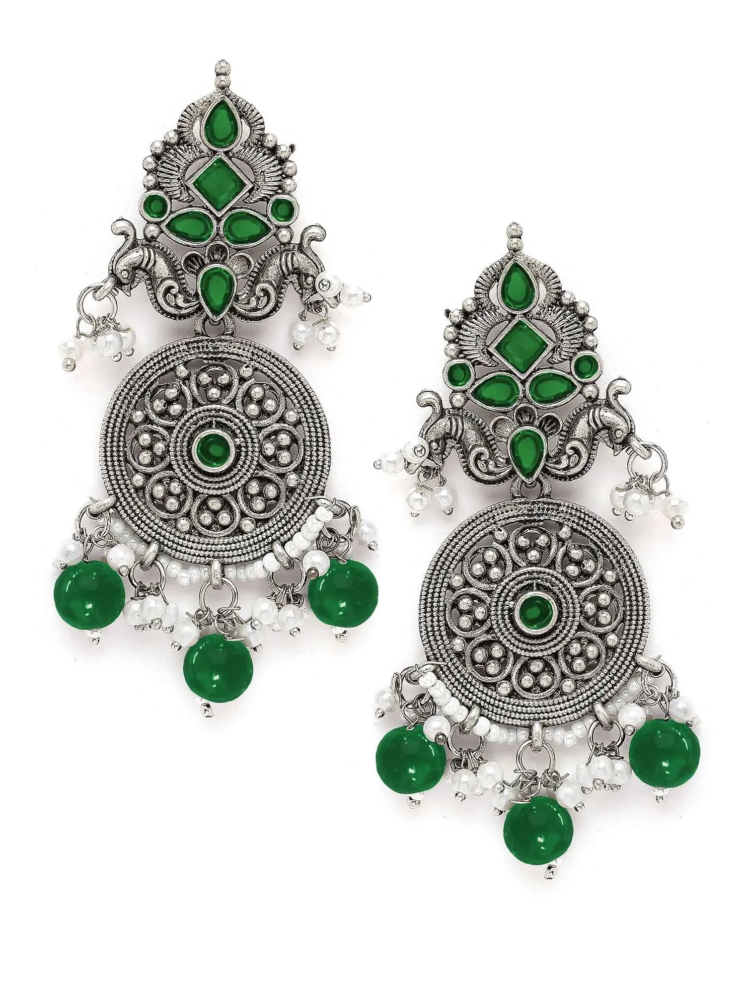 Karatcart Oxidised Silver Green Stone Chakra Design Dangler Earrings for Women