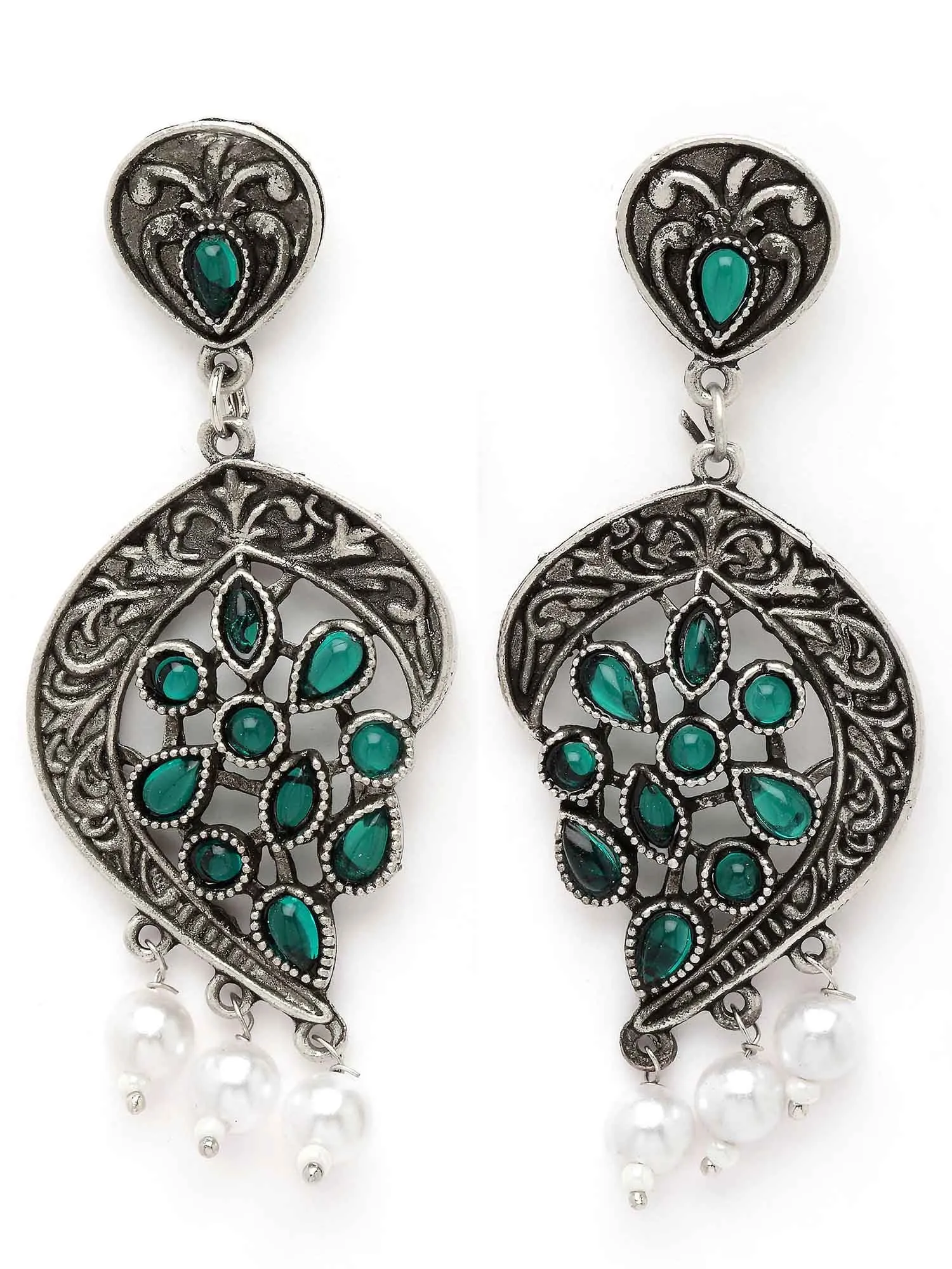Karatcart Oxidised Silver Green Stone Drop Earring for Women