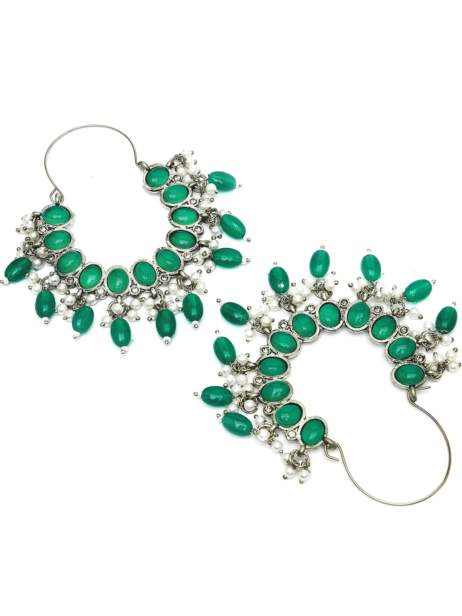 Karatcart Oxidised Silver Green Stone Kundan Hoop Earrings for Women
