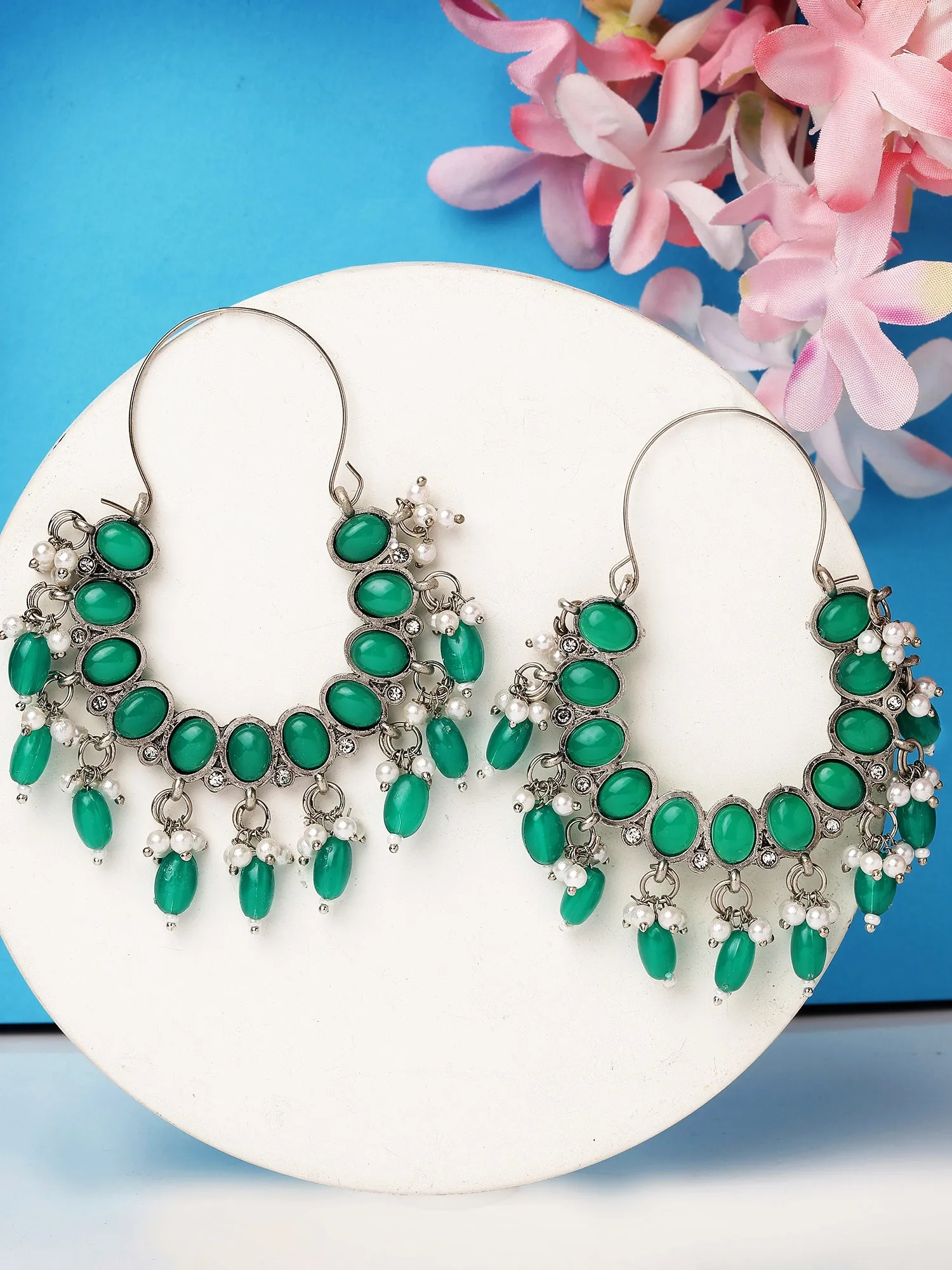 Karatcart Oxidised Silver Green Stone Kundan Hoop Earrings for Women