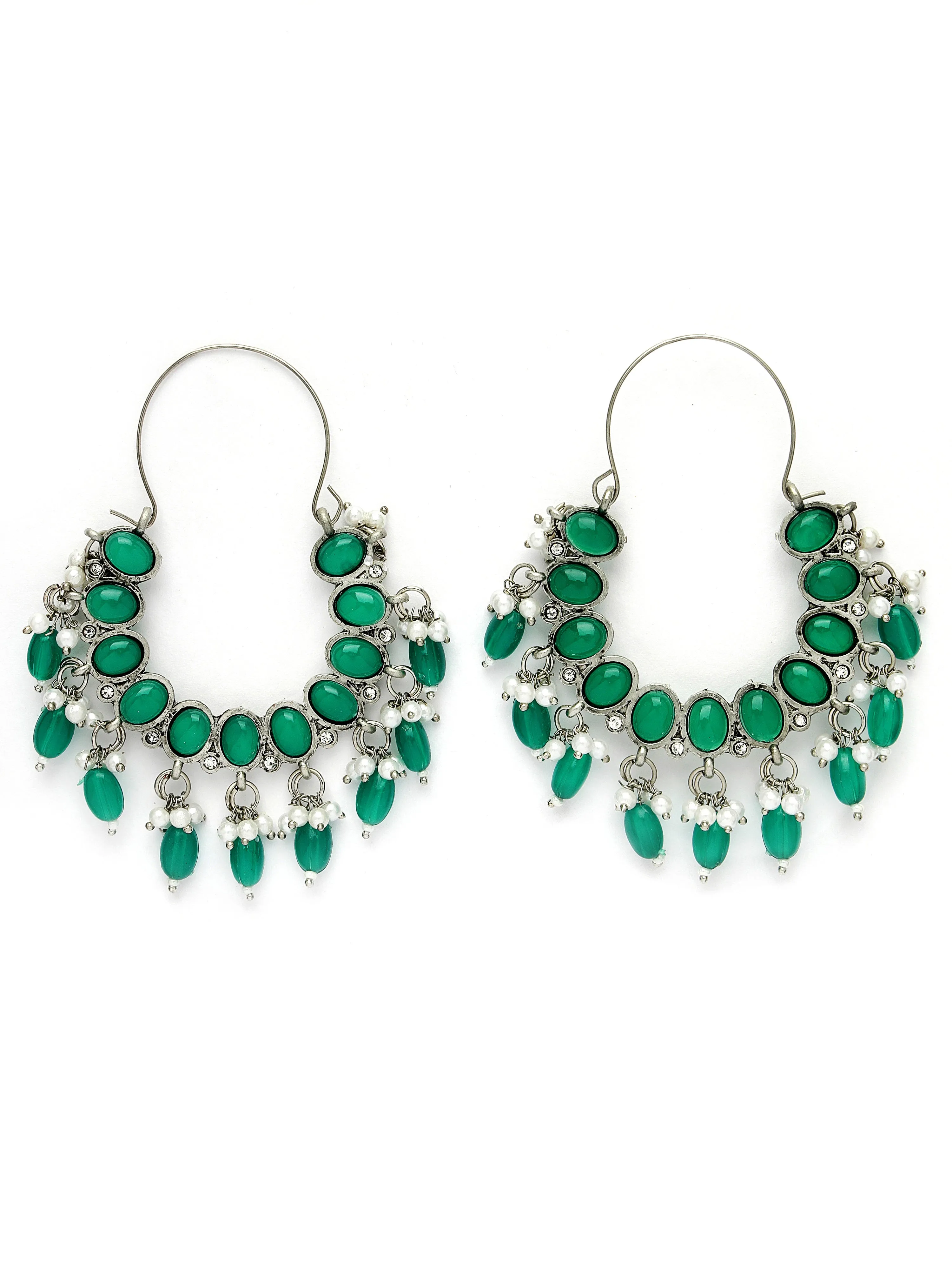 Karatcart Oxidised Silver Green Stone Kundan Hoop Earrings for Women
