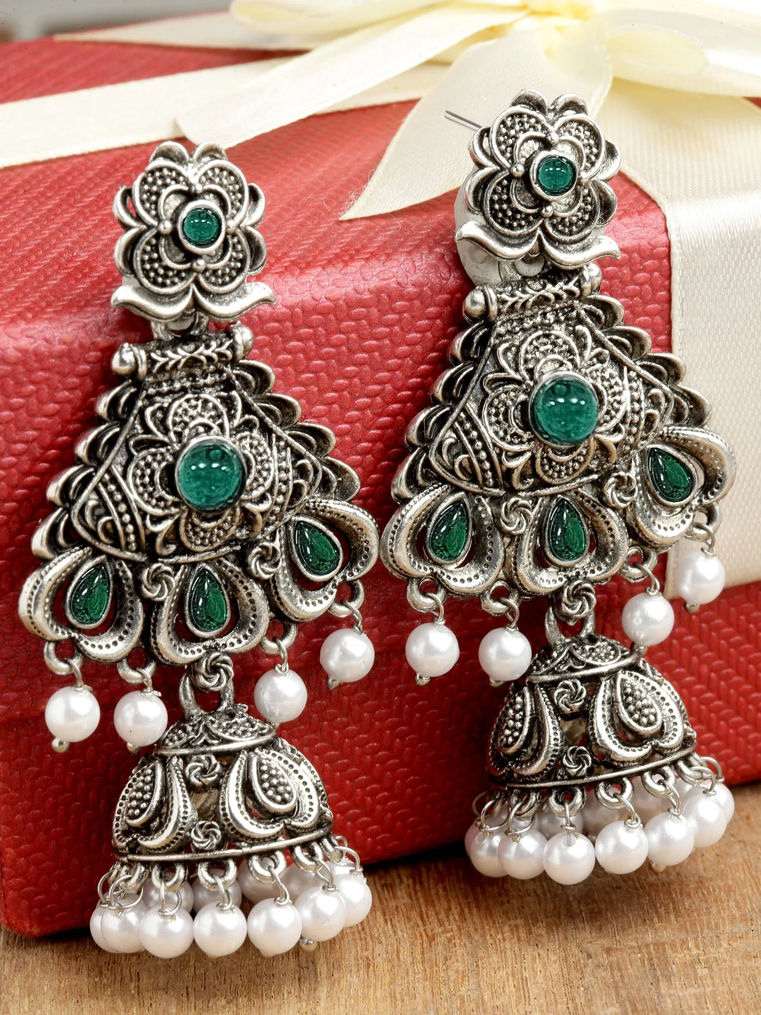 Karatcart Oxidised Silver Green Stone Studded Dangler Jhumki Earrings for Women