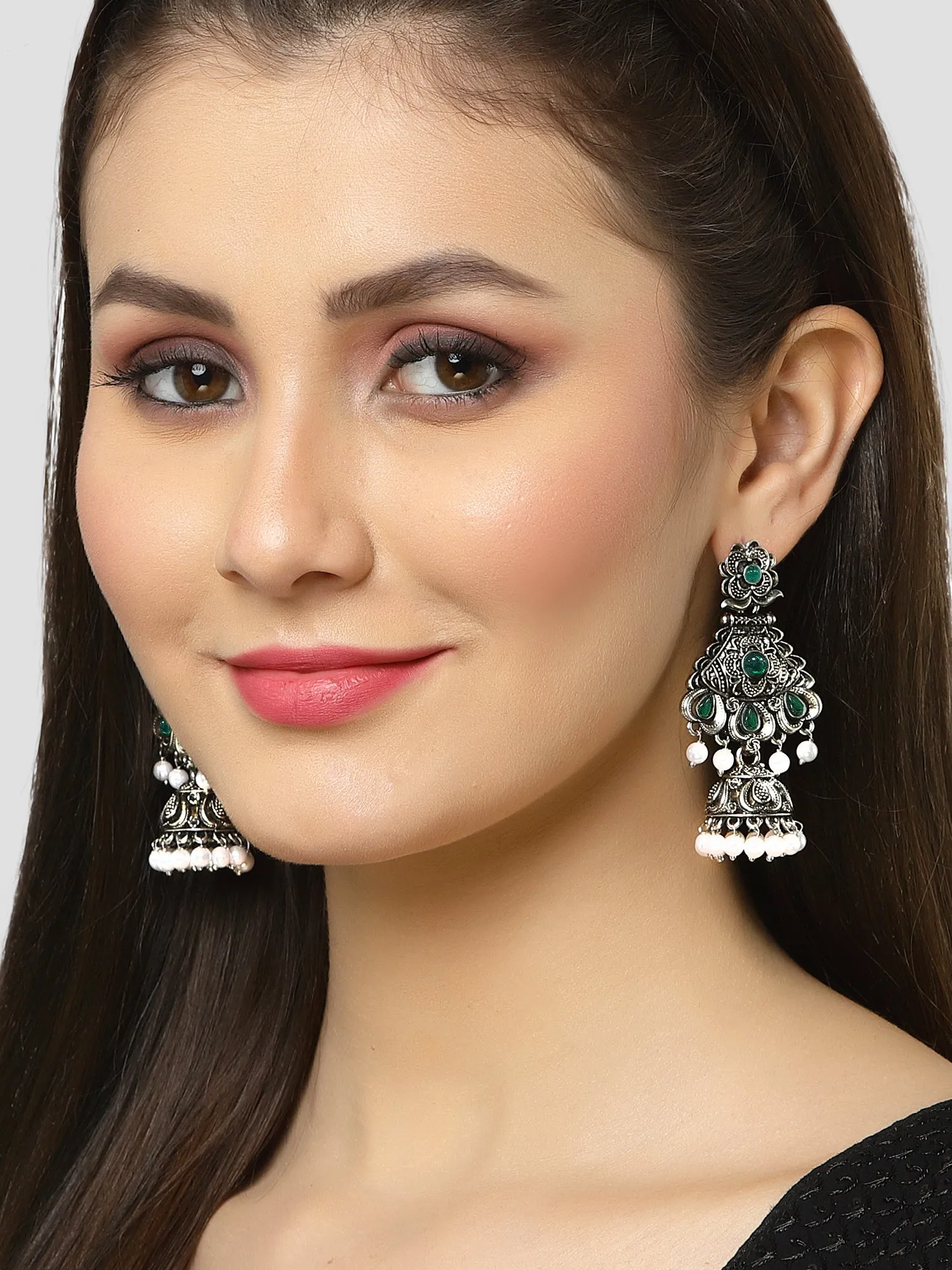 Karatcart Oxidised Silver Green Stone Studded Dangler Jhumki Earrings for Women