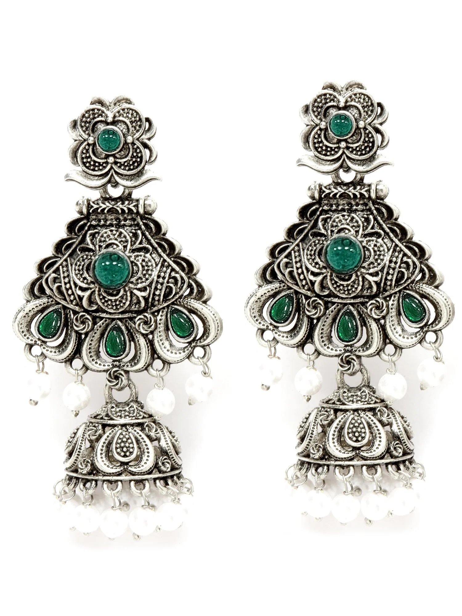 Karatcart Oxidised Silver Green Stone Studded Dangler Jhumki Earrings for Women