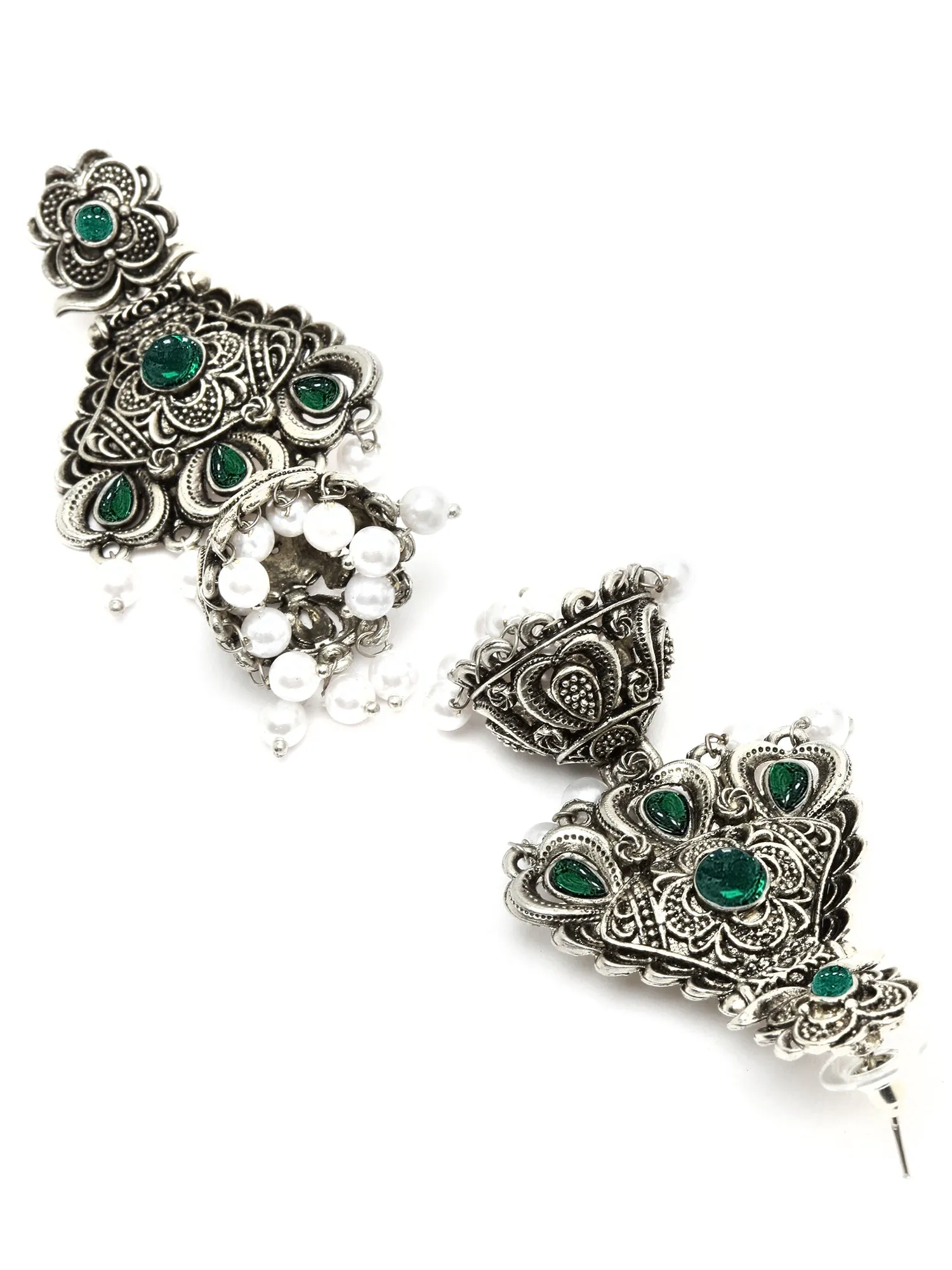 Karatcart Oxidised Silver Green Stone Studded Dangler Jhumki Earrings for Women