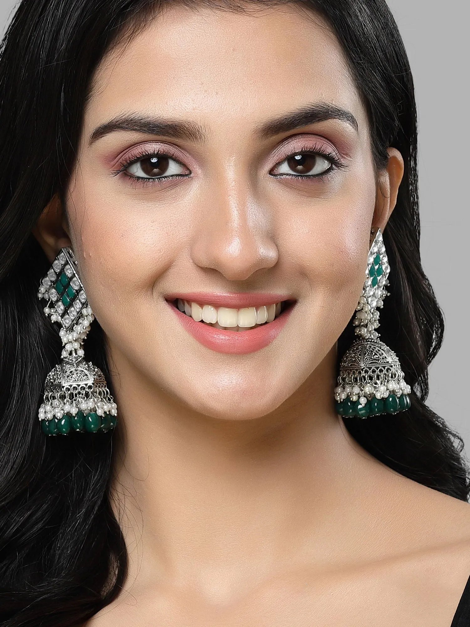 Karatcart Oxidised Silver Green Tumble Jhumki Earring for Women