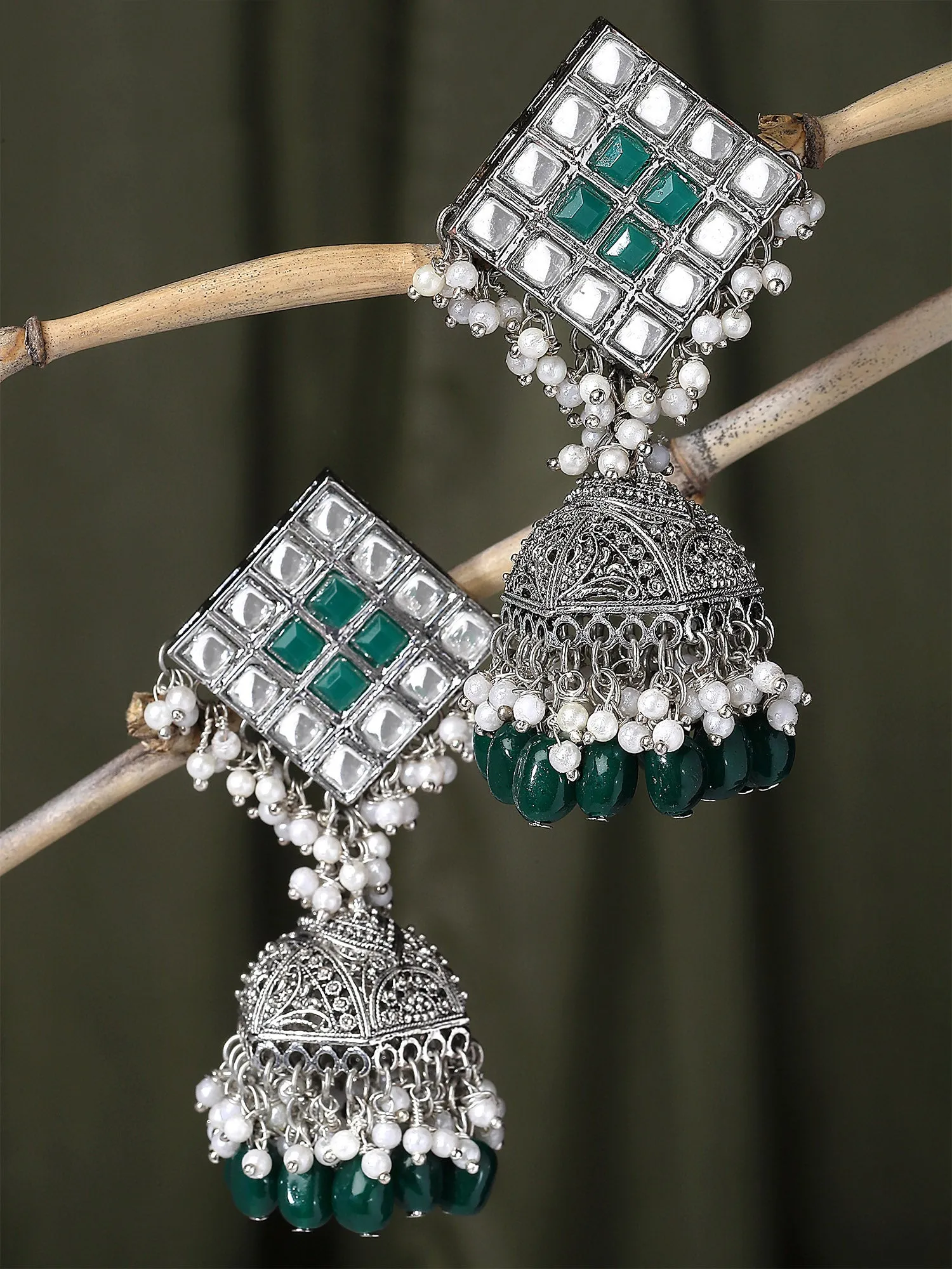 Karatcart Oxidised Silver Green Tumble Jhumki Earring for Women