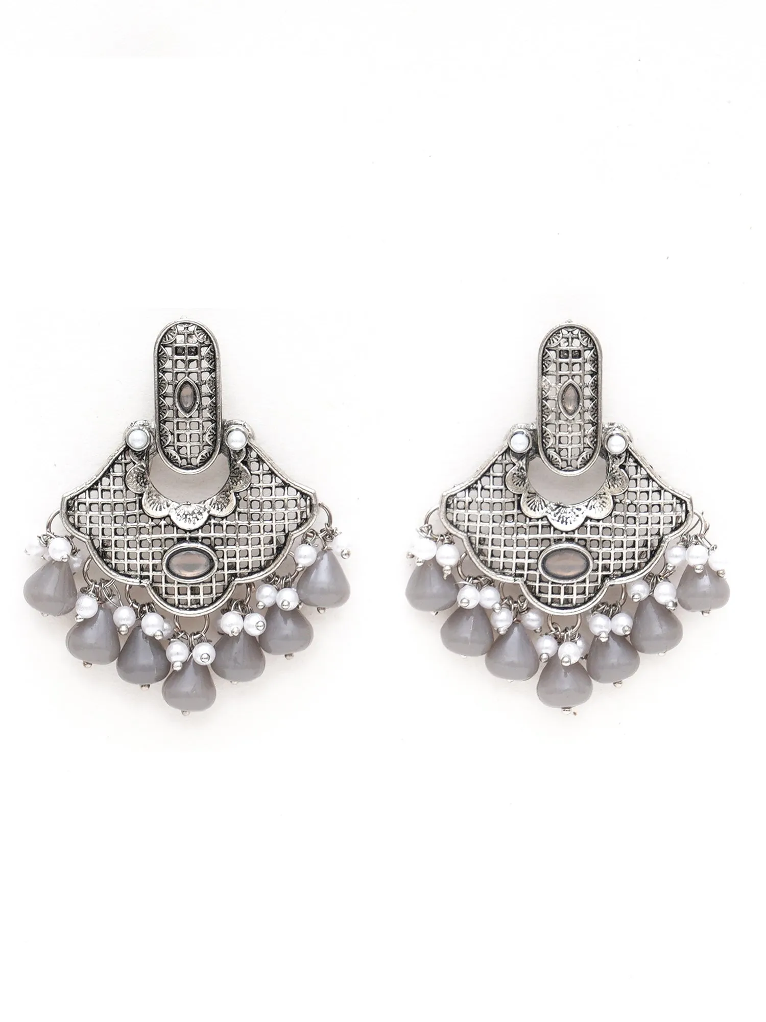 Karatcart Oxidised Silver Grey Monalisa Stone and Pearl Studded Dangler Earrings for Women