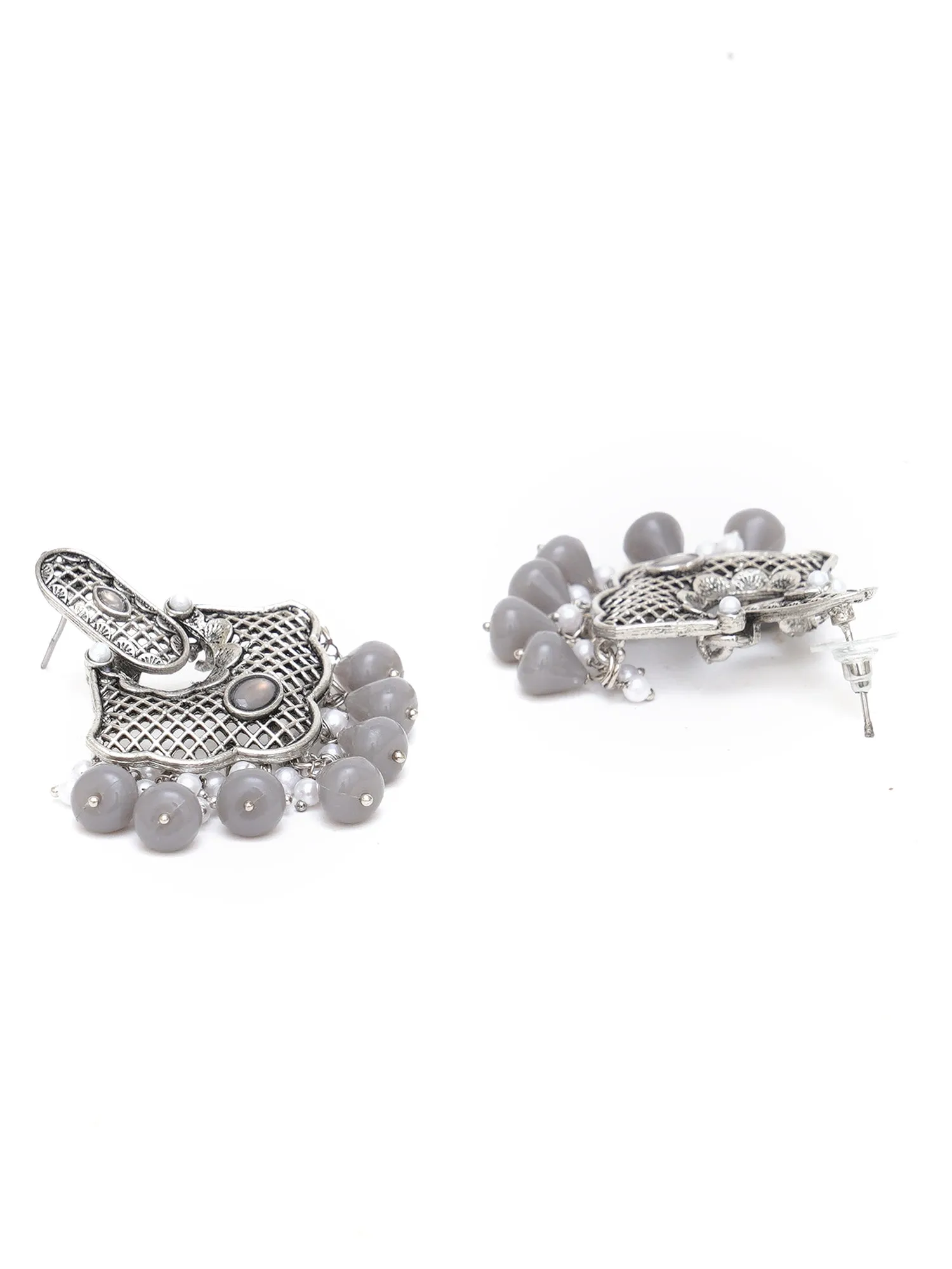 Karatcart Oxidised Silver Grey Monalisa Stone and Pearl Studded Dangler Earrings for Women