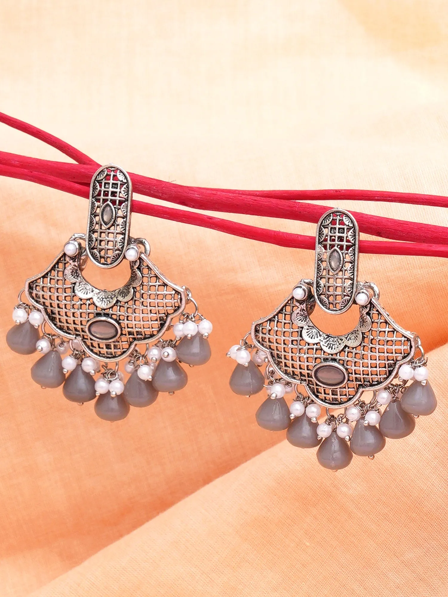 Karatcart Oxidised Silver Grey Monalisa Stone and Pearl Studded Dangler Earrings for Women