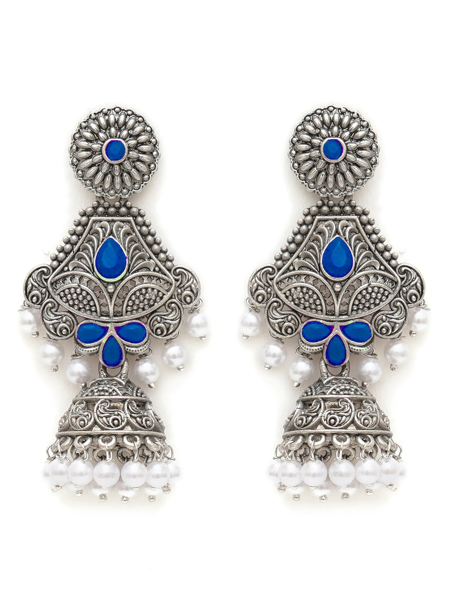 Karatcart Oxidised Silver Handcrafted Blue Long Dangler Jhumki Earrings for Women