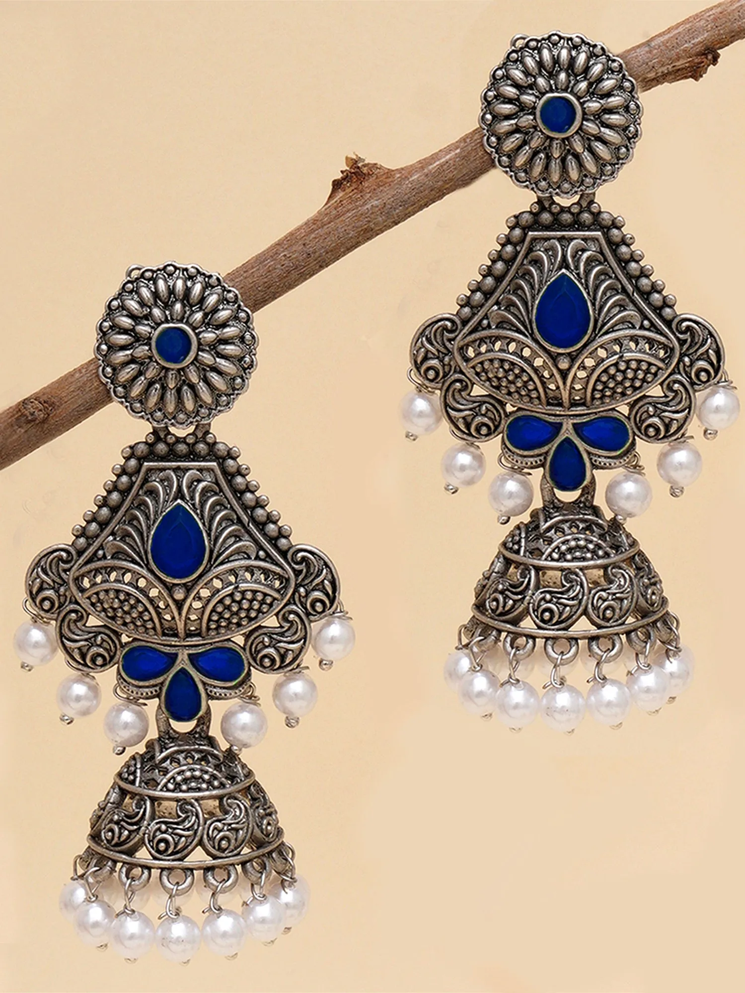 Karatcart Oxidised Silver Handcrafted Blue Long Dangler Jhumki Earrings for Women