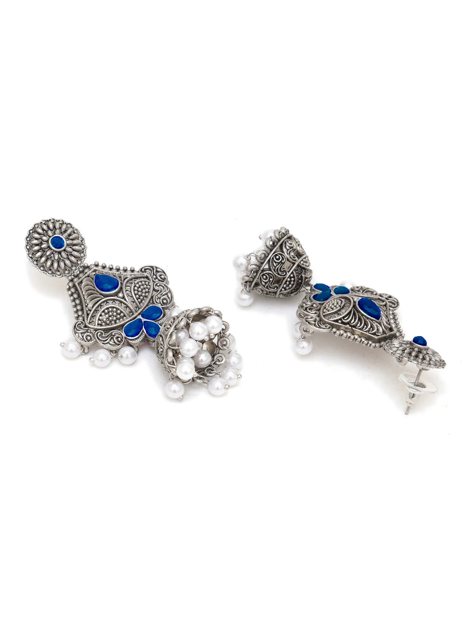 Karatcart Oxidised Silver Handcrafted Blue Long Dangler Jhumki Earrings for Women