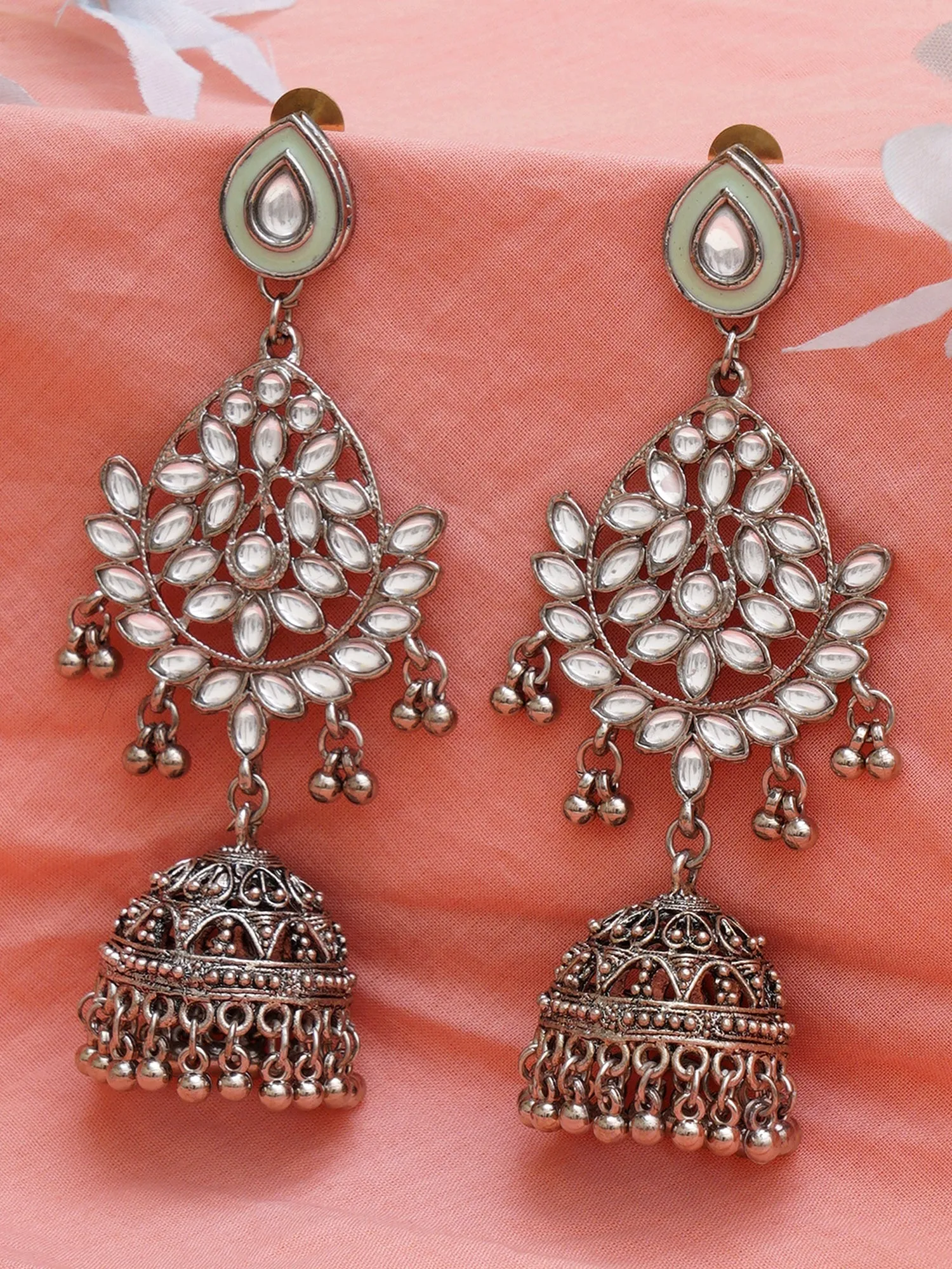 Karatcart Oxidised Silver Handcrafted Jhumki Kundan Studded Earrings for Women