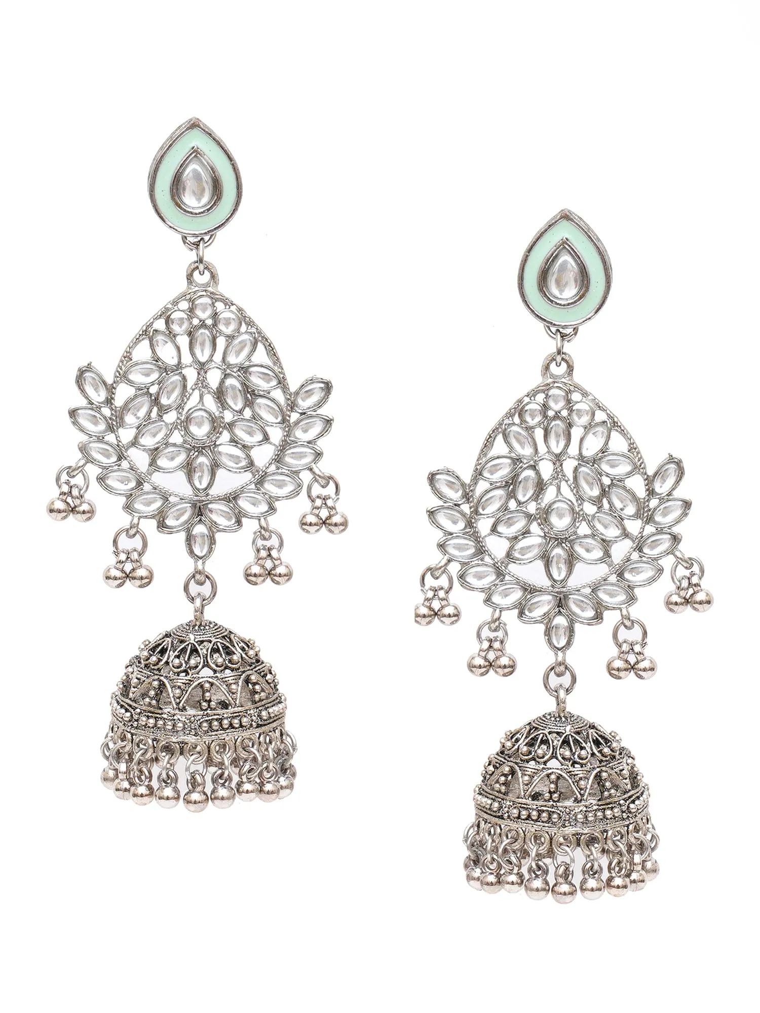 Karatcart Oxidised Silver Handcrafted Jhumki Kundan Studded Earrings for Women