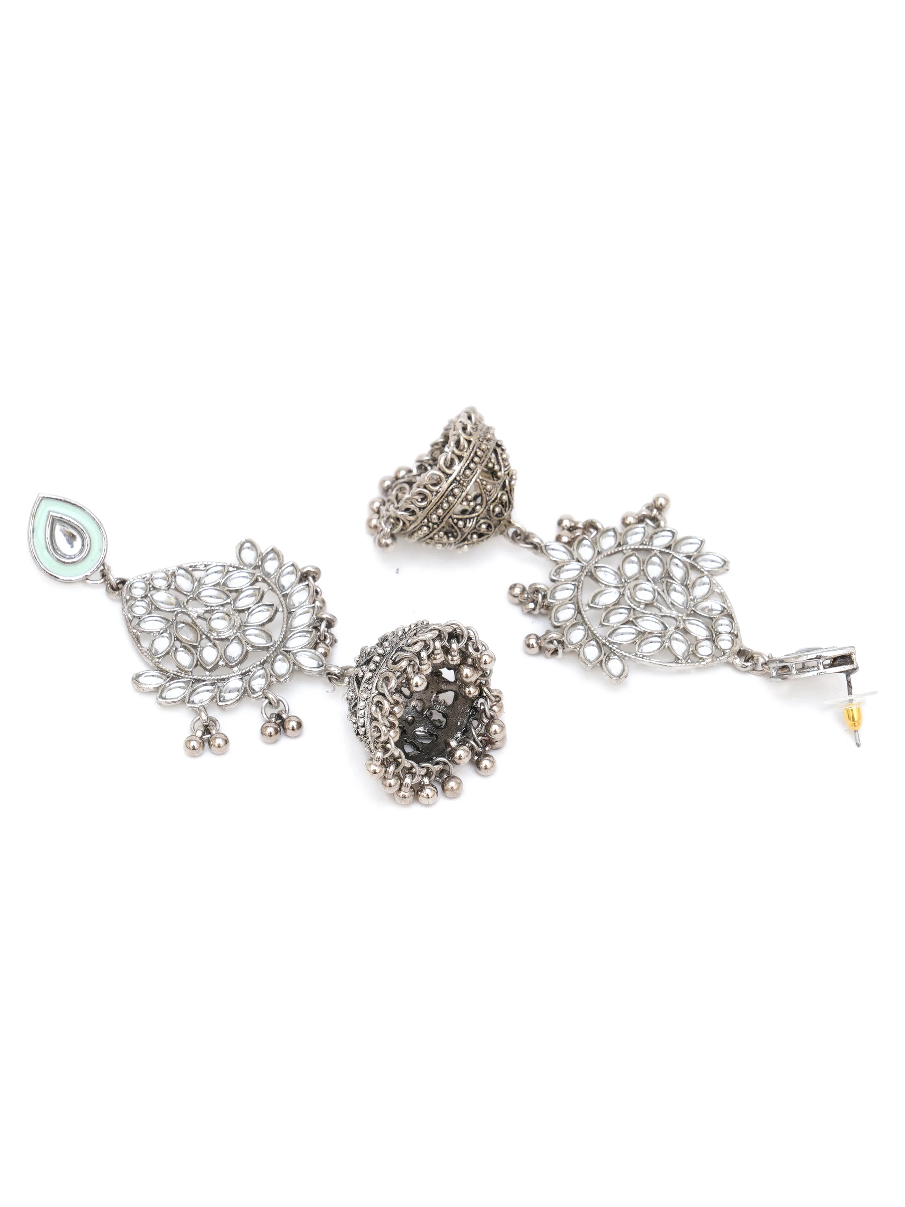 Karatcart Oxidised Silver Handcrafted Jhumki Kundan Studded Earrings for Women