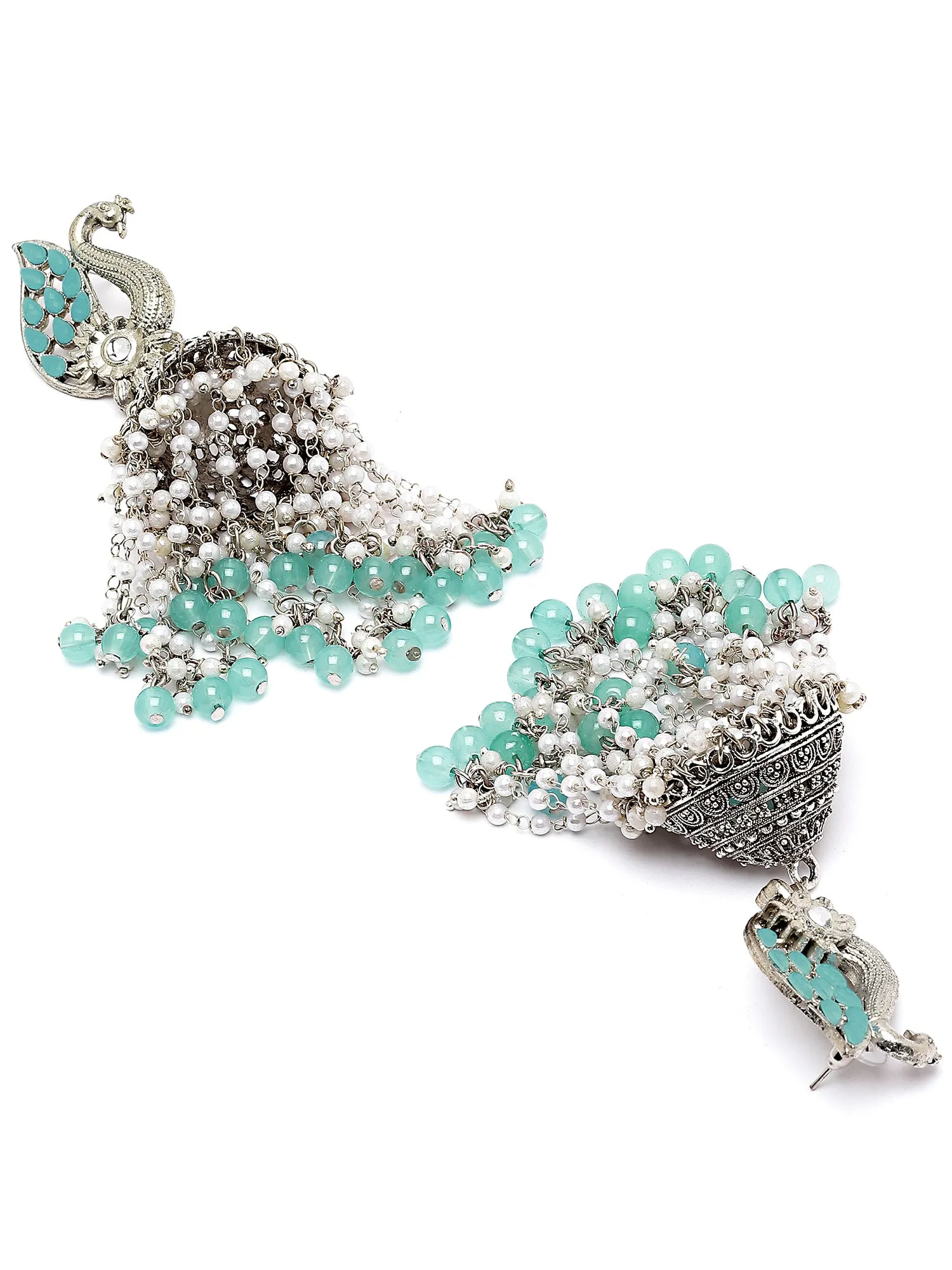 Karatcart Oxidised Silver Light Blue Kundan Peacock Jhumki Earrings for Women