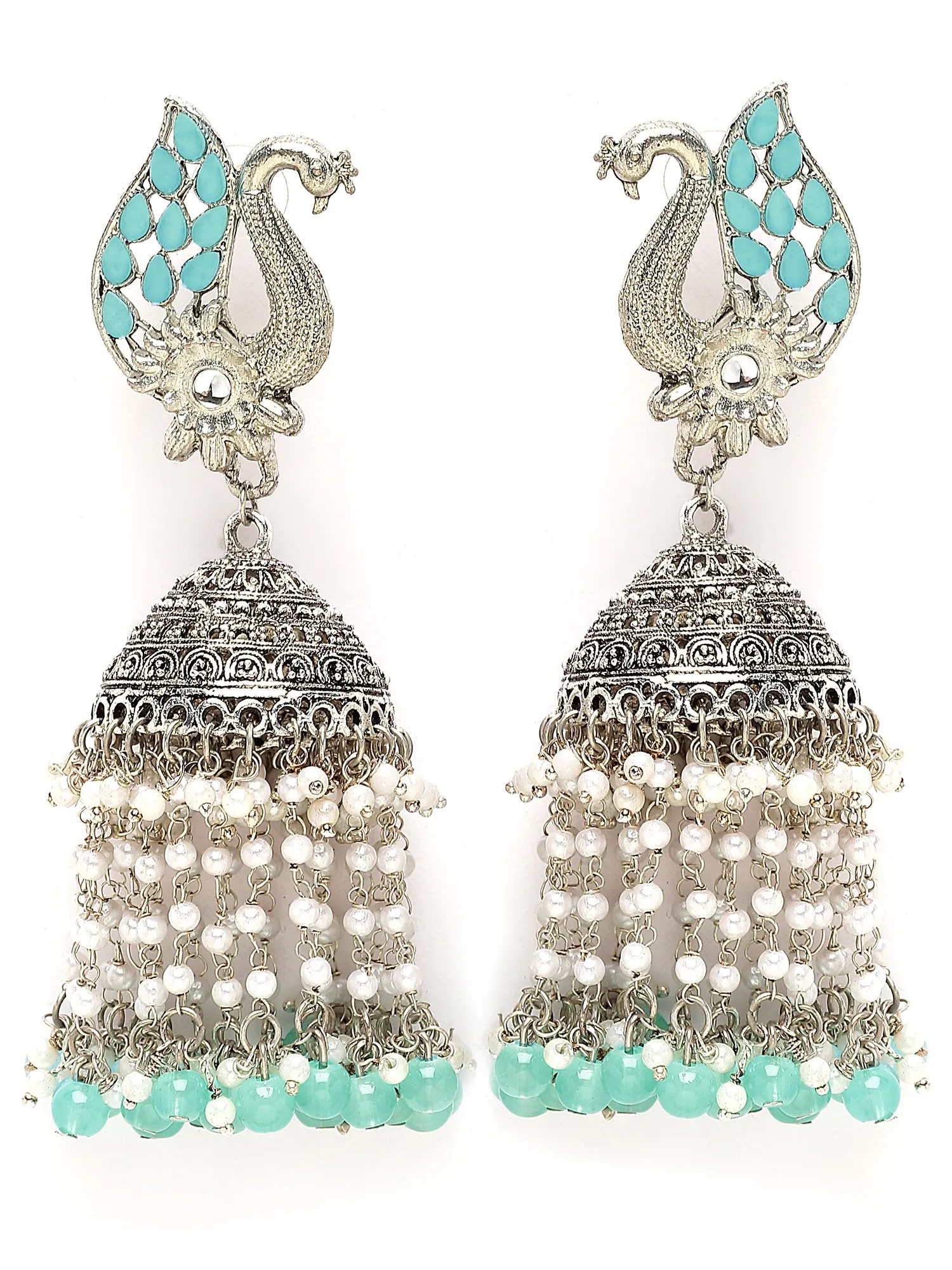 Karatcart Oxidised Silver Light Blue Kundan Peacock Jhumki Earrings for Women