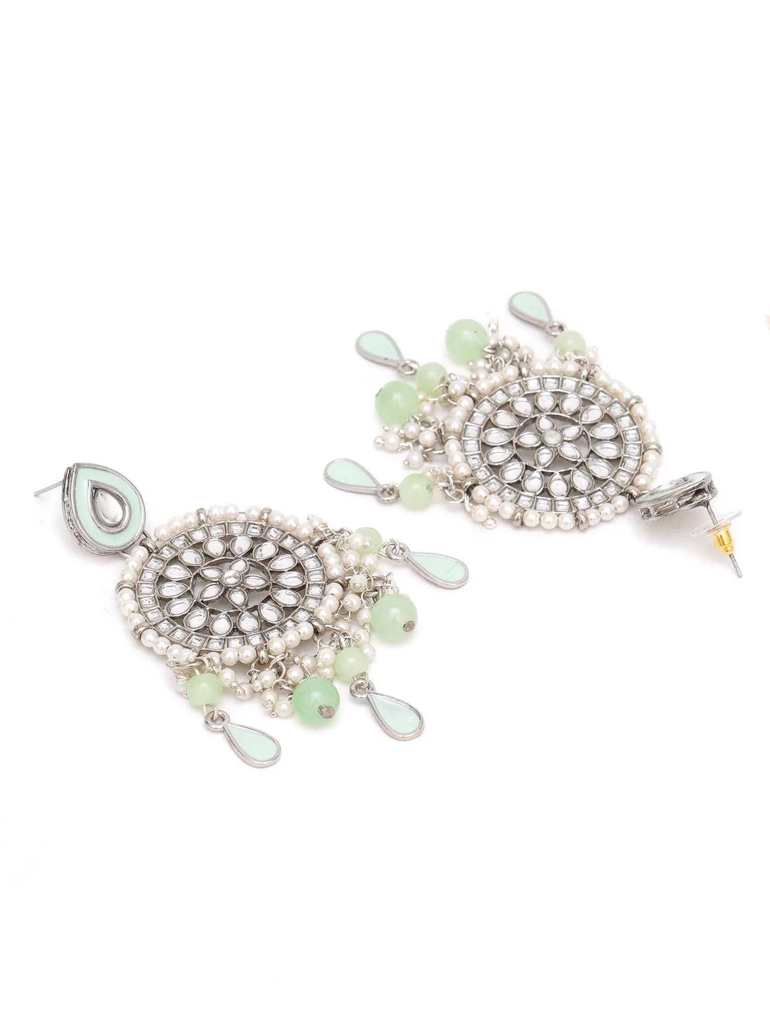 Karatcart Oxidised Silver Light Green Floral Kundan Dangler Earrings for Women