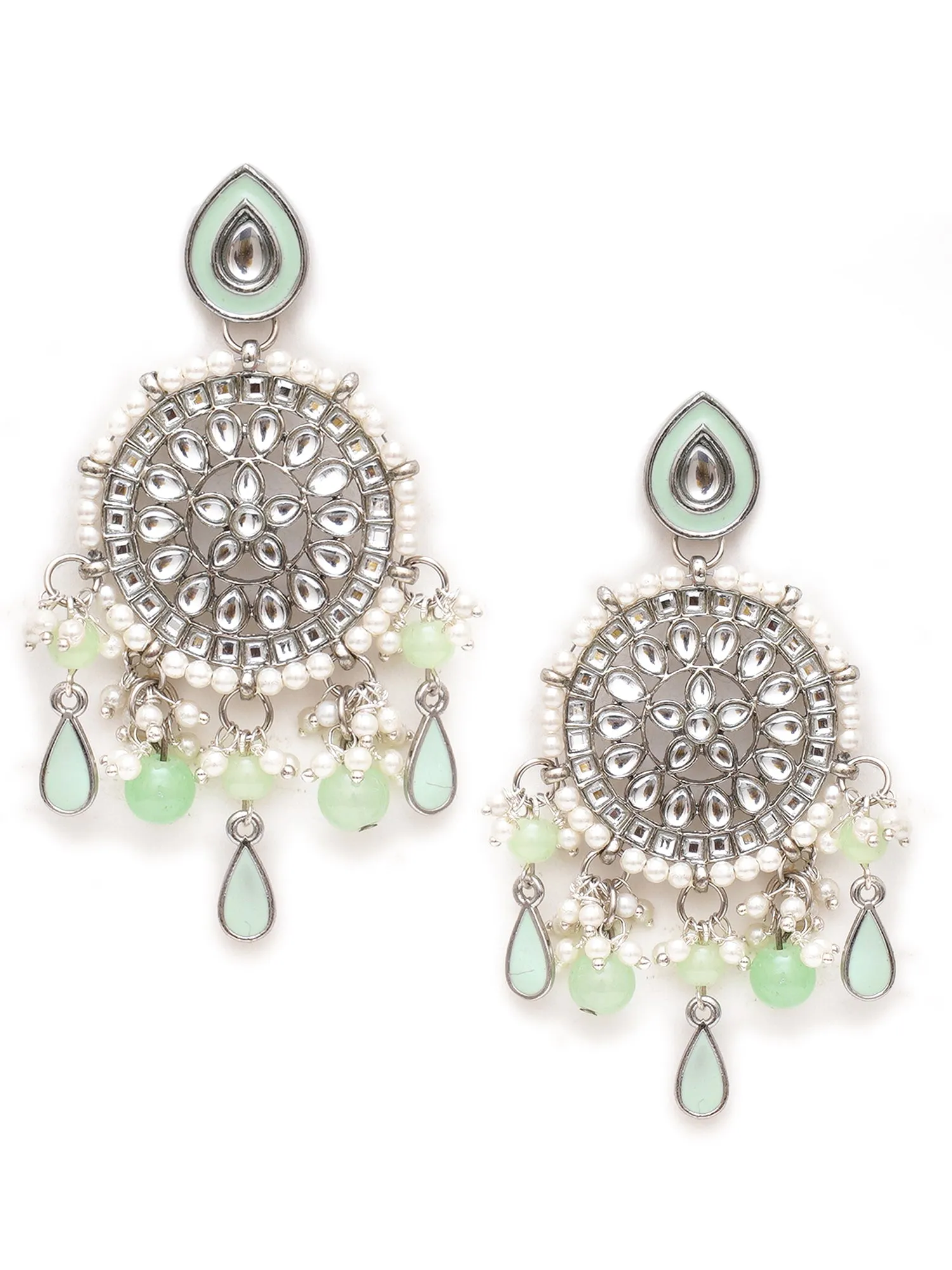 Karatcart Oxidised Silver Light Green Floral Kundan Dangler Earrings for Women