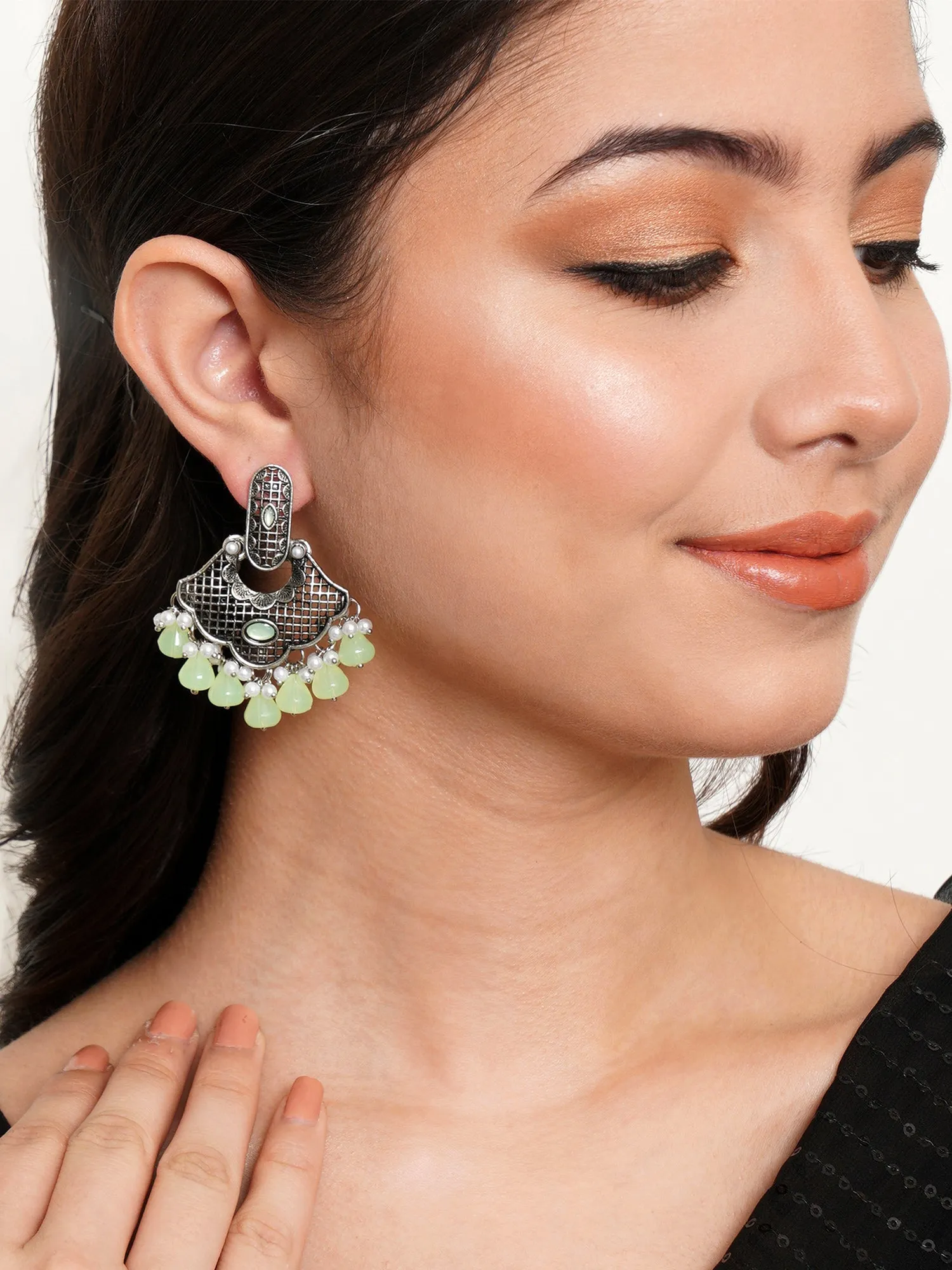 Karatcart Oxidised Silver Light Green Monalisa Stone and Pearl Studded Dangler Earrings for Women