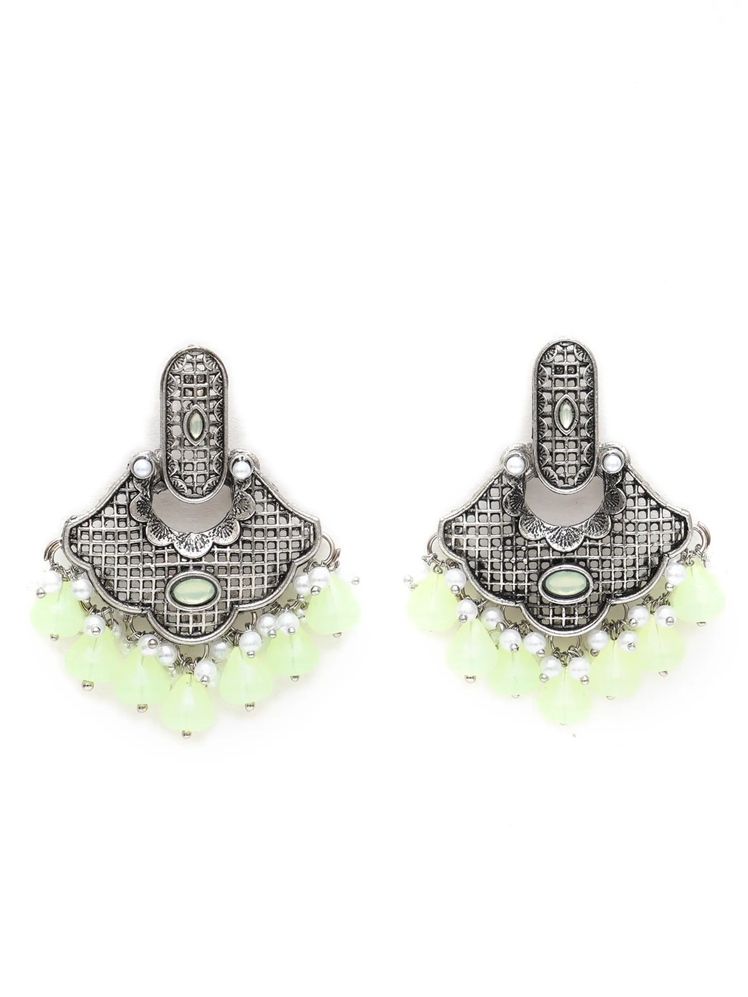 Karatcart Oxidised Silver Light Green Monalisa Stone and Pearl Studded Dangler Earrings for Women