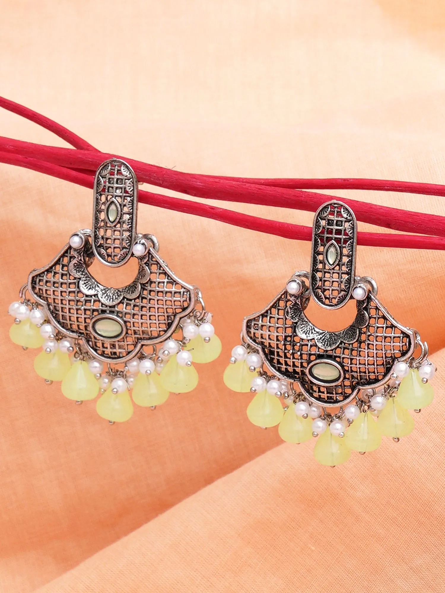 Karatcart Oxidised Silver Light Green Monalisa Stone and Pearl Studded Dangler Earrings for Women