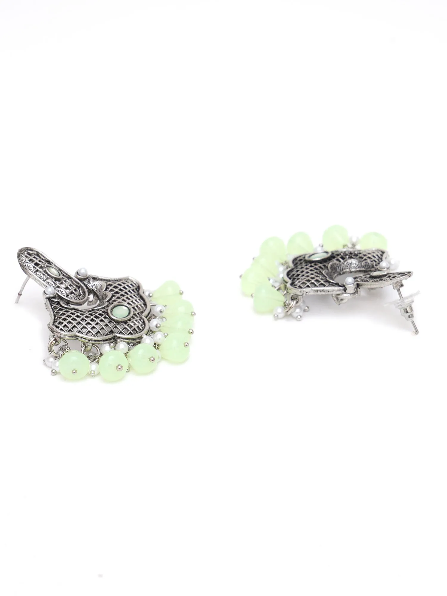 Karatcart Oxidised Silver Light Green Monalisa Stone and Pearl Studded Dangler Earrings for Women