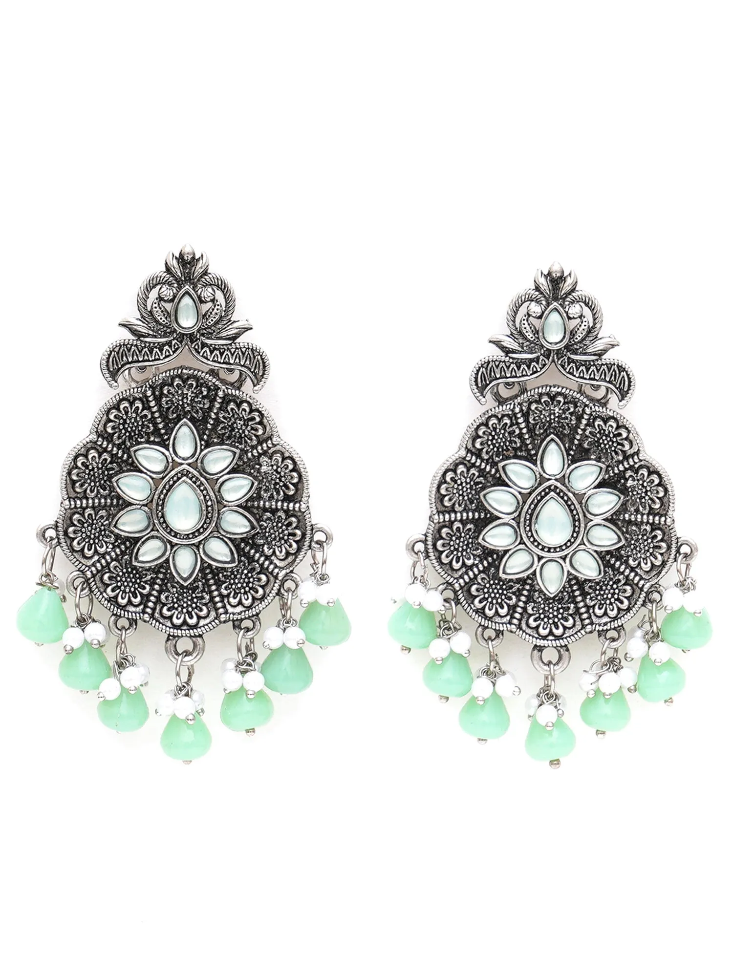 Karatcart Oxidised Silver Light Green Monalisa Stone Studded Floral Dangler Earrings for Women