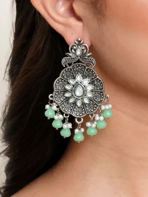 Karatcart Oxidised Silver Light Green Monalisa Stone Studded Floral Dangler Earrings for Women