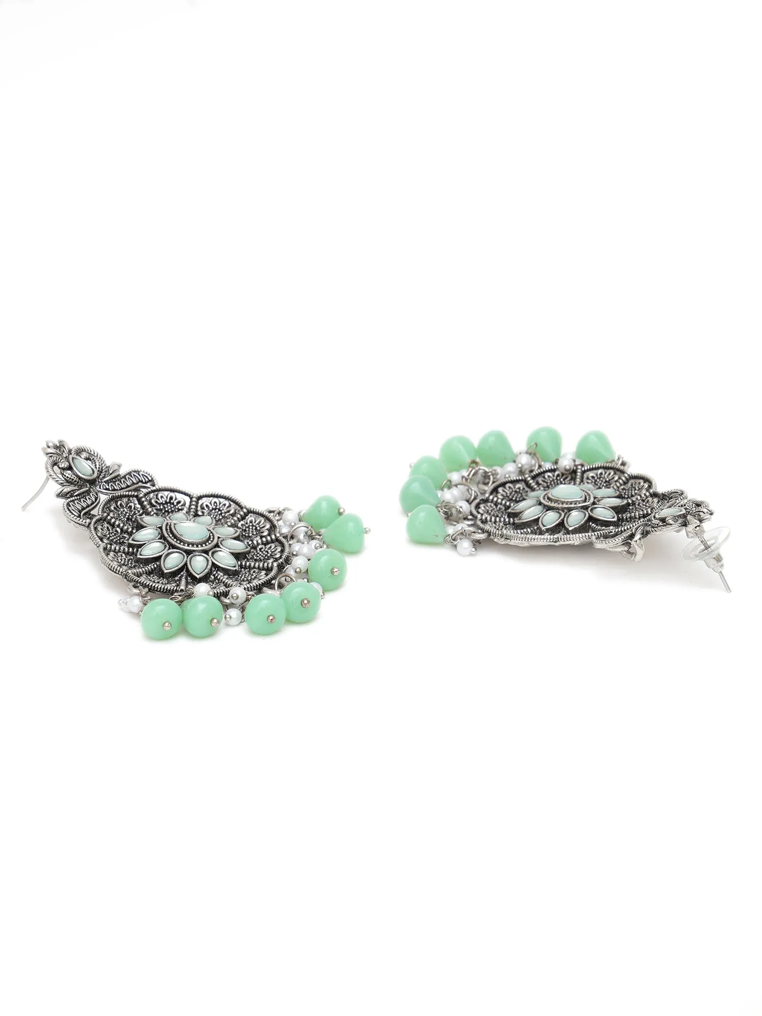 Karatcart Oxidised Silver Light Green Monalisa Stone Studded Floral Dangler Earrings for Women