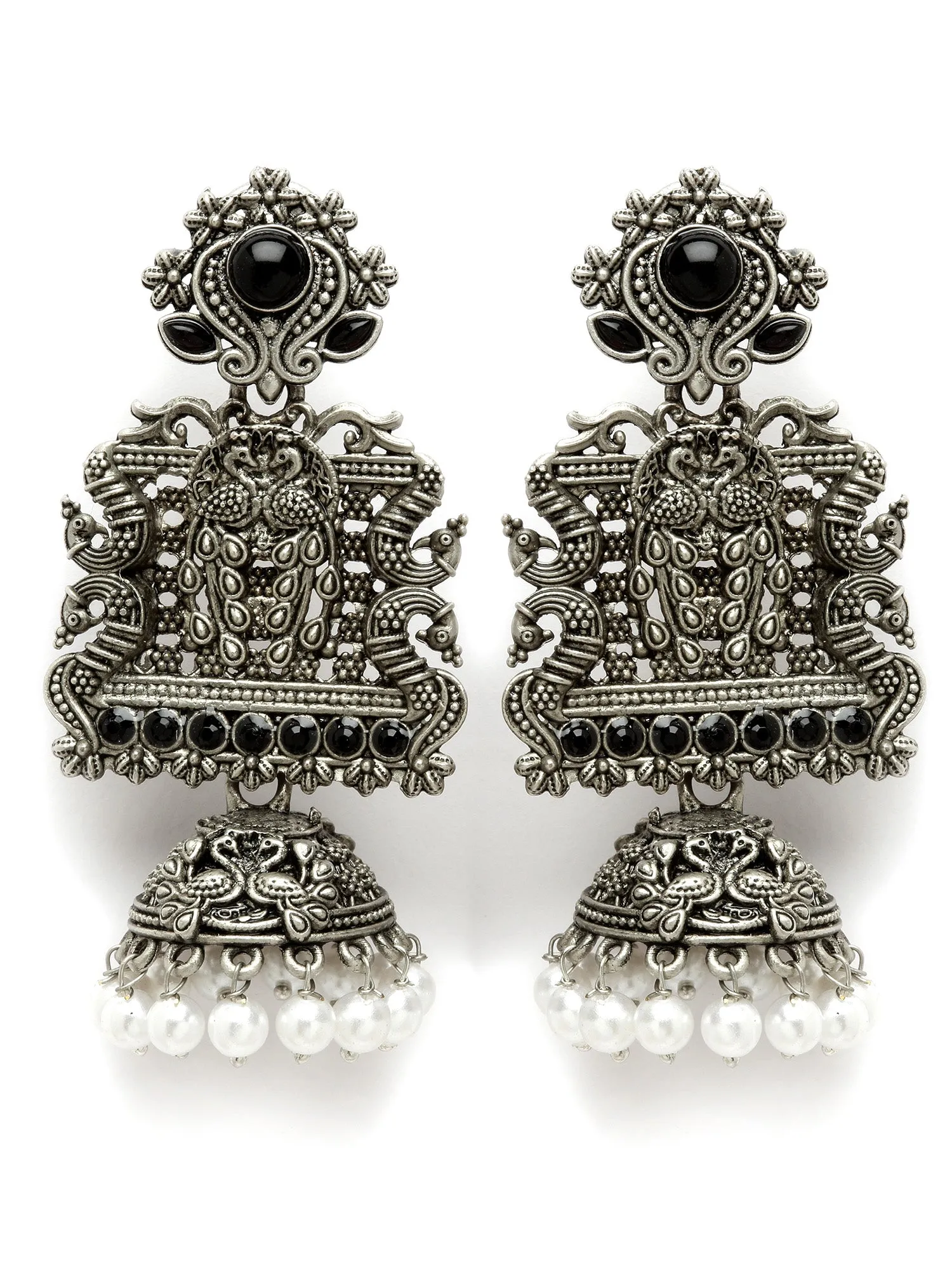 Karatcart Oxidised Silver Peacock Black Stone Studded Dangler Jhumki Earrings for Women