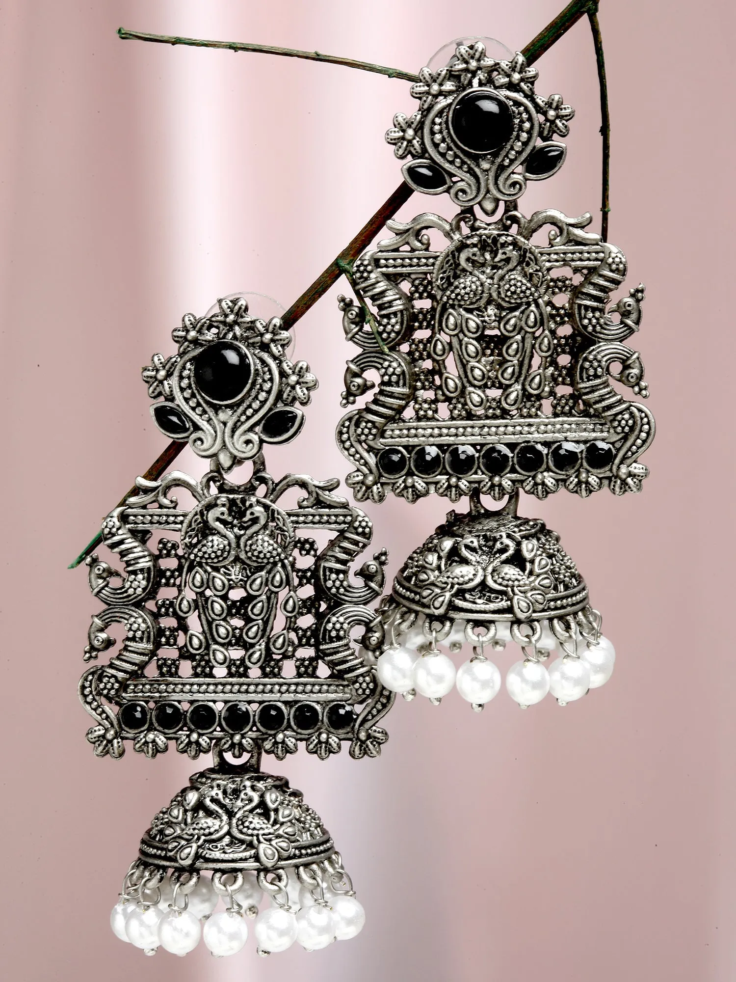 Karatcart Oxidised Silver Peacock Black Stone Studded Dangler Jhumki Earrings for Women