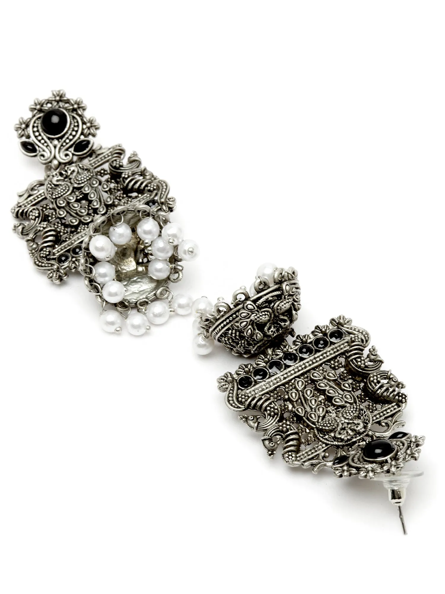 Karatcart Oxidised Silver Peacock Black Stone Studded Dangler Jhumki Earrings for Women